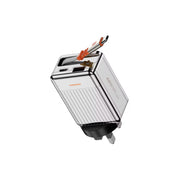 Silver and black electronic device with orange accents on a white background