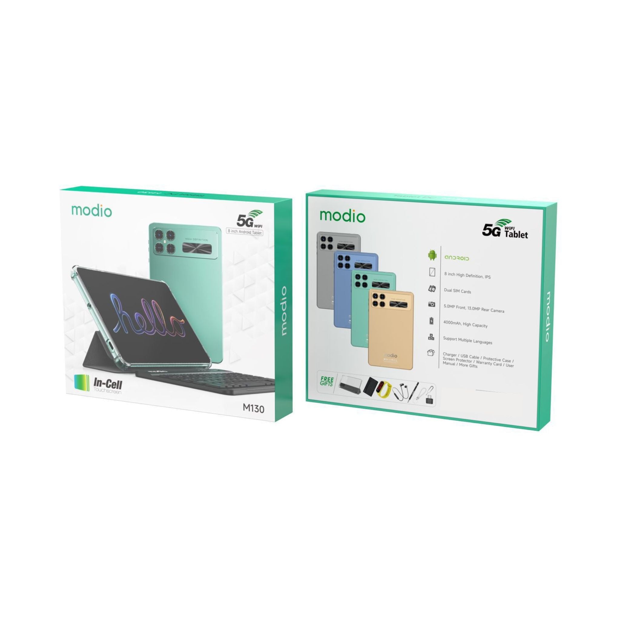 Modio M130 5G WiFi 8" HD IPS Android Tablet PC (In-Cell Touchscreen), 4000mAh Battery, 8GB RAM + 512GB Storage, Free Gifts – Green
