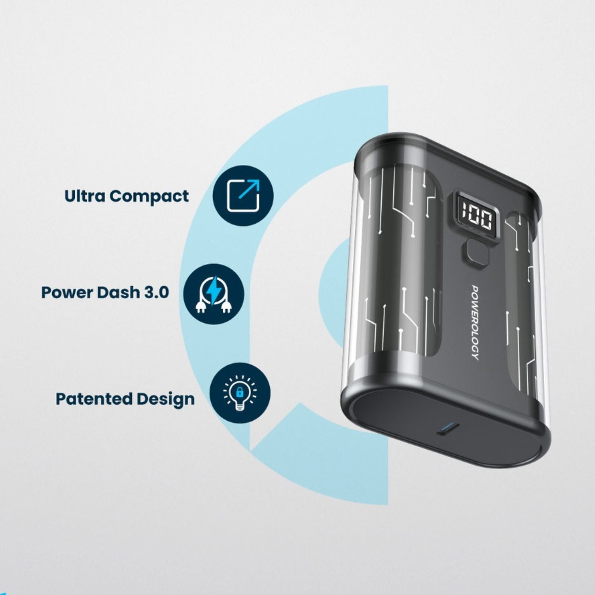 Powerology Crystalline Series Power Bank 10000mAh, 35W PD, Digital Display, USB C & USB-A Outputs, 35W USB-C Input, 35W PD USB-C Output, 18W QC USB-A Output, 22.5W SCP, Portable, Transparent Design - Black
