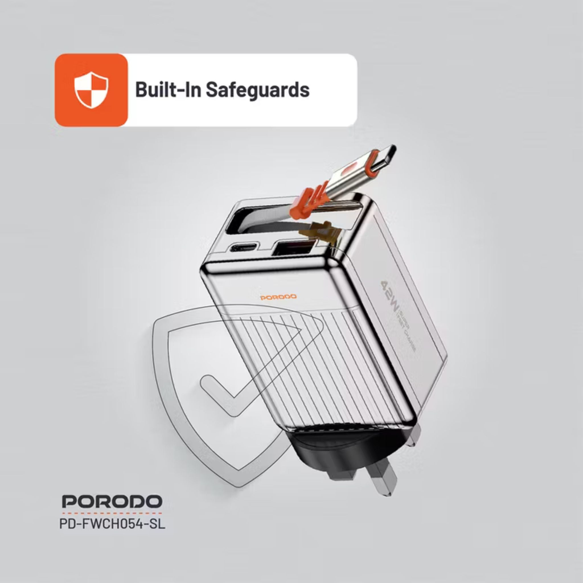 Porodo Super Quick GaN Charger with 75cm Retractable Type-C Cable, 42W Power Delivery, Simultaneous Charging, 22.5W USB-A Output, Built-in Safeguards - Silver