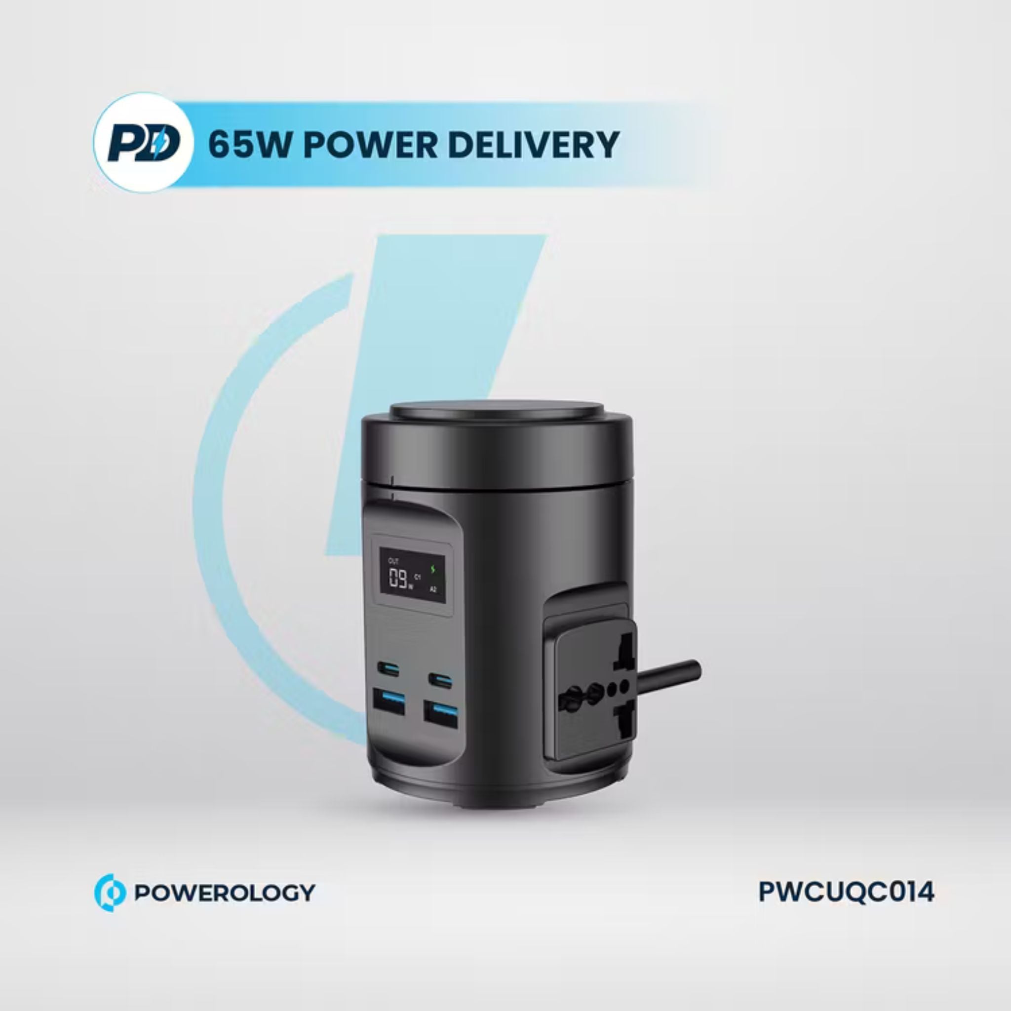 Powerology Magsafe Power Hub with UK Plug, PD 65W, USB-A QC 3.0, Built-in Safeguards, 15W Wireless Charging, 2200W Rated Power - Black