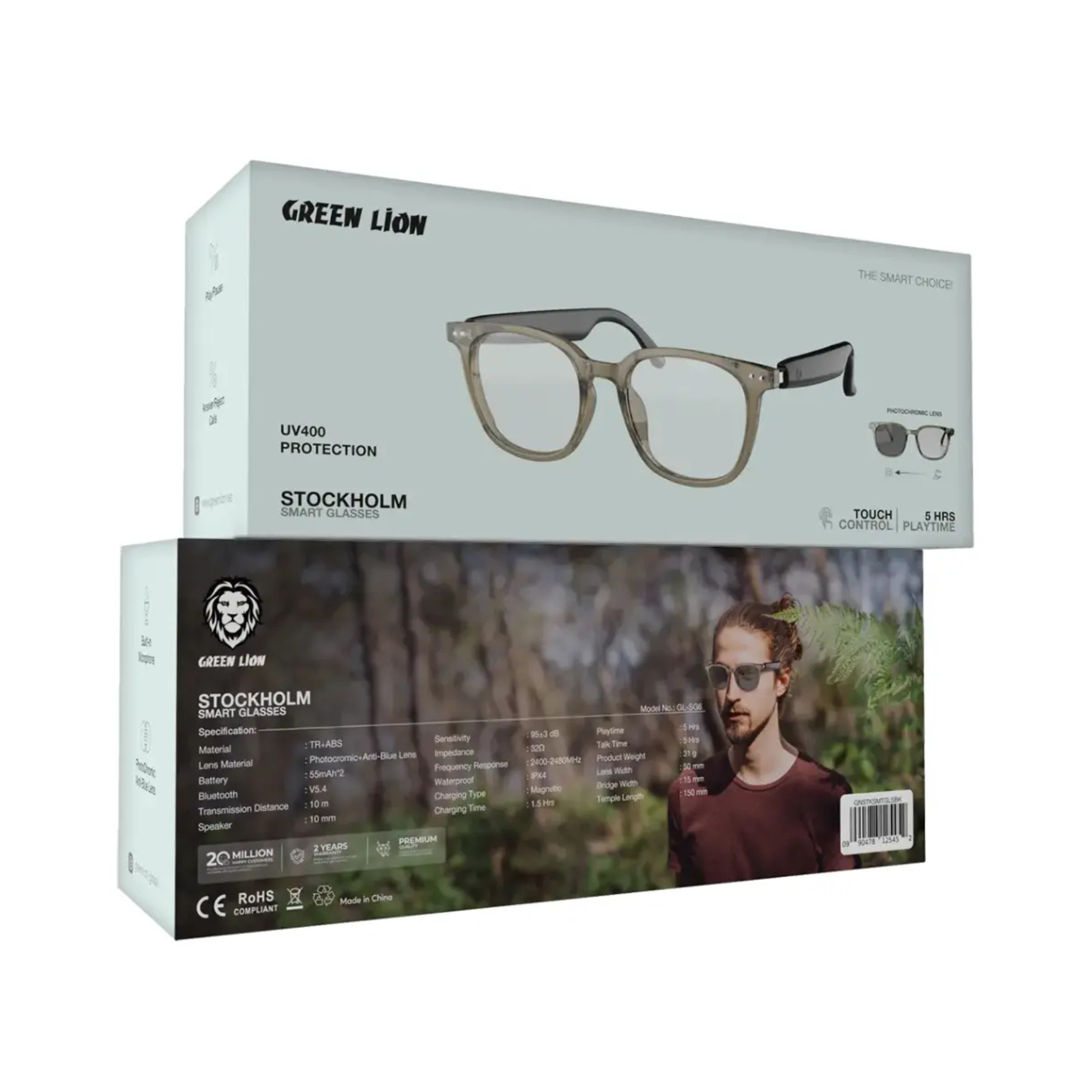 Green Lion Stockholm Smart Glasses – Touch Control, UV400, Mic, Remote Camera, Voice Assistant, Photochromic Polarized Lenses, Anti-Blue Light, 5H Playtime, 1.5H Magnetic Charge, 10m Range – Black
