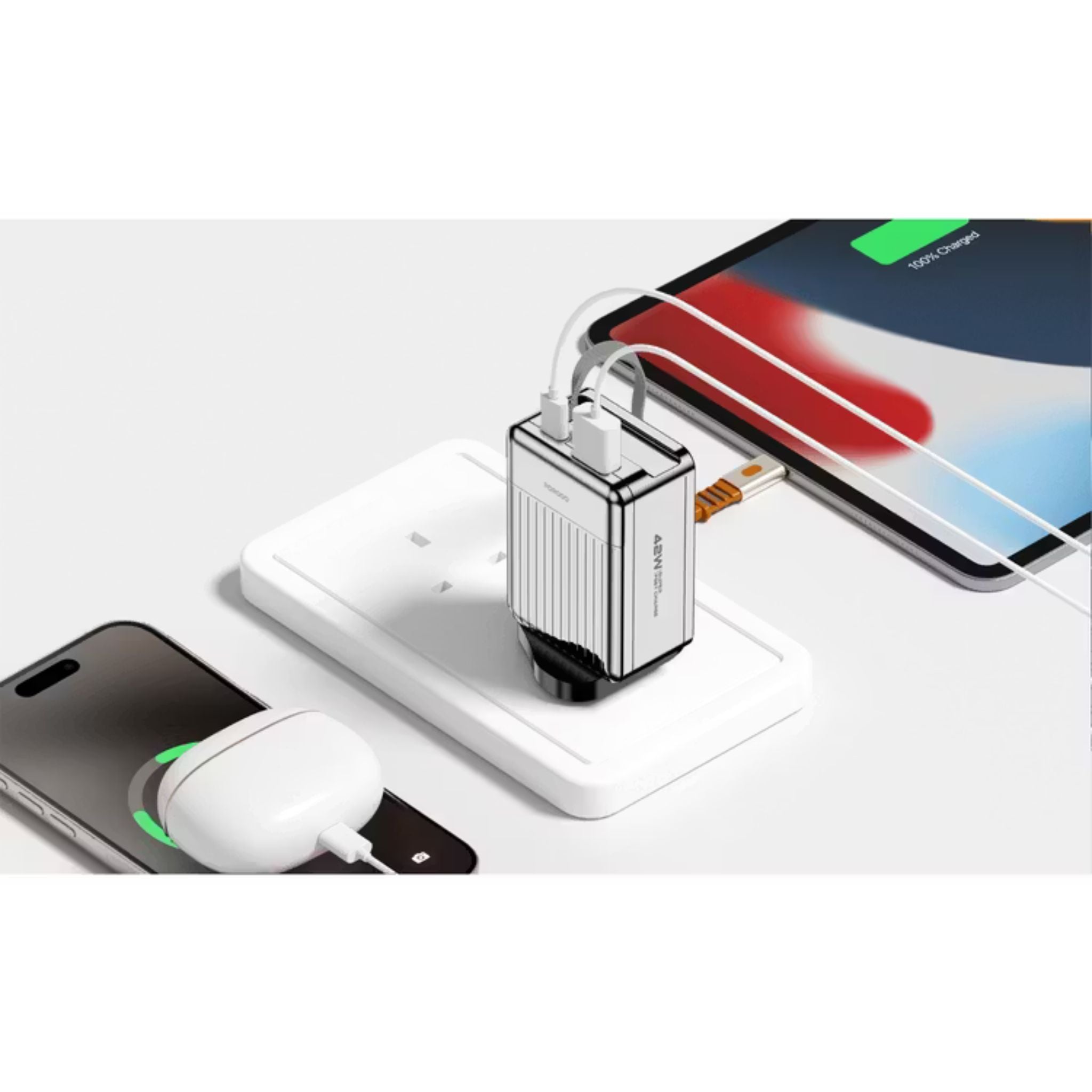 Porodo Super Quick GaN Charger with 75cm Retractable Type-C Cable, 42W Power Delivery, Simultaneous Charging, 22.5W USB-A Output, Built-in Safeguards - Silver
