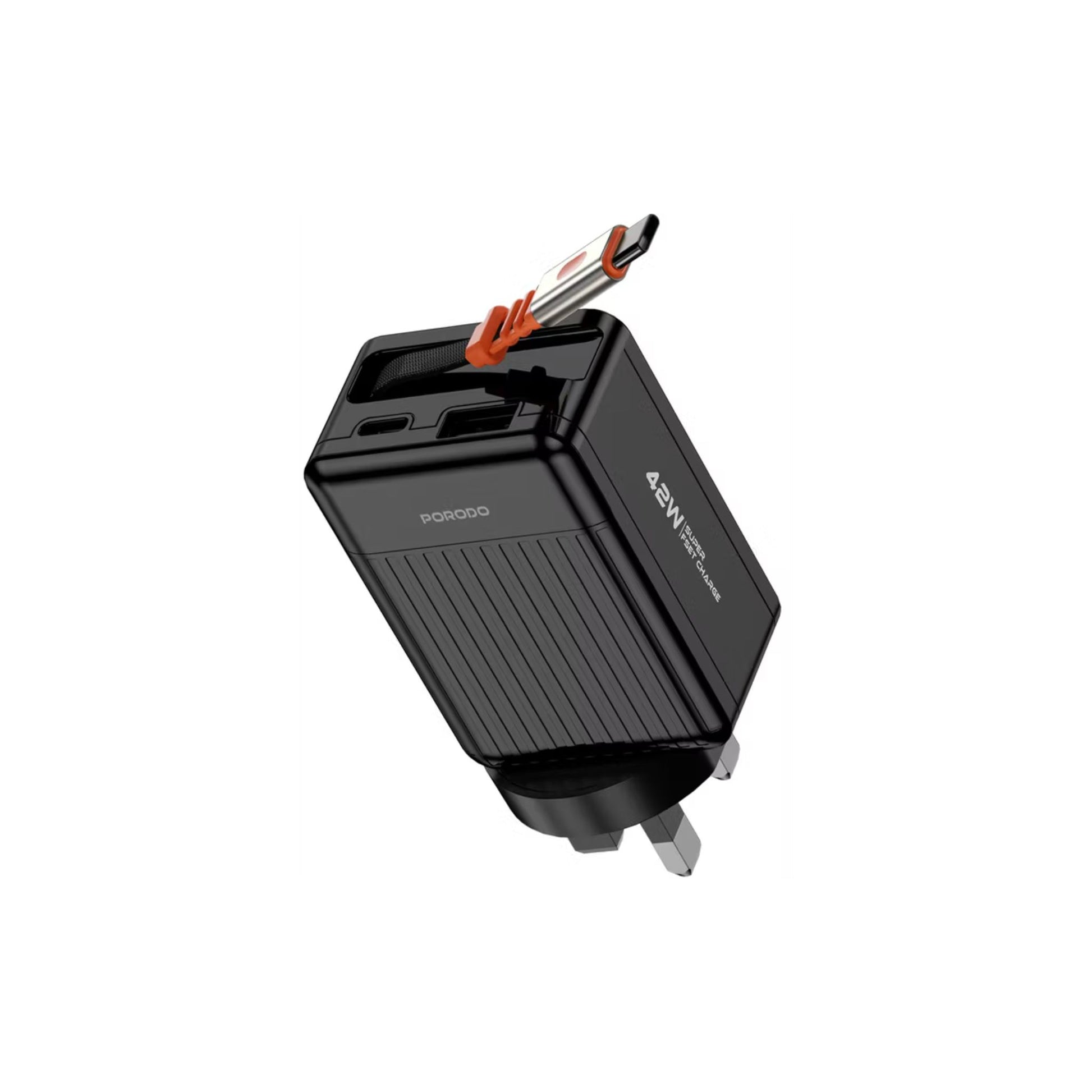 Black travel adapter with USB ports on a white background