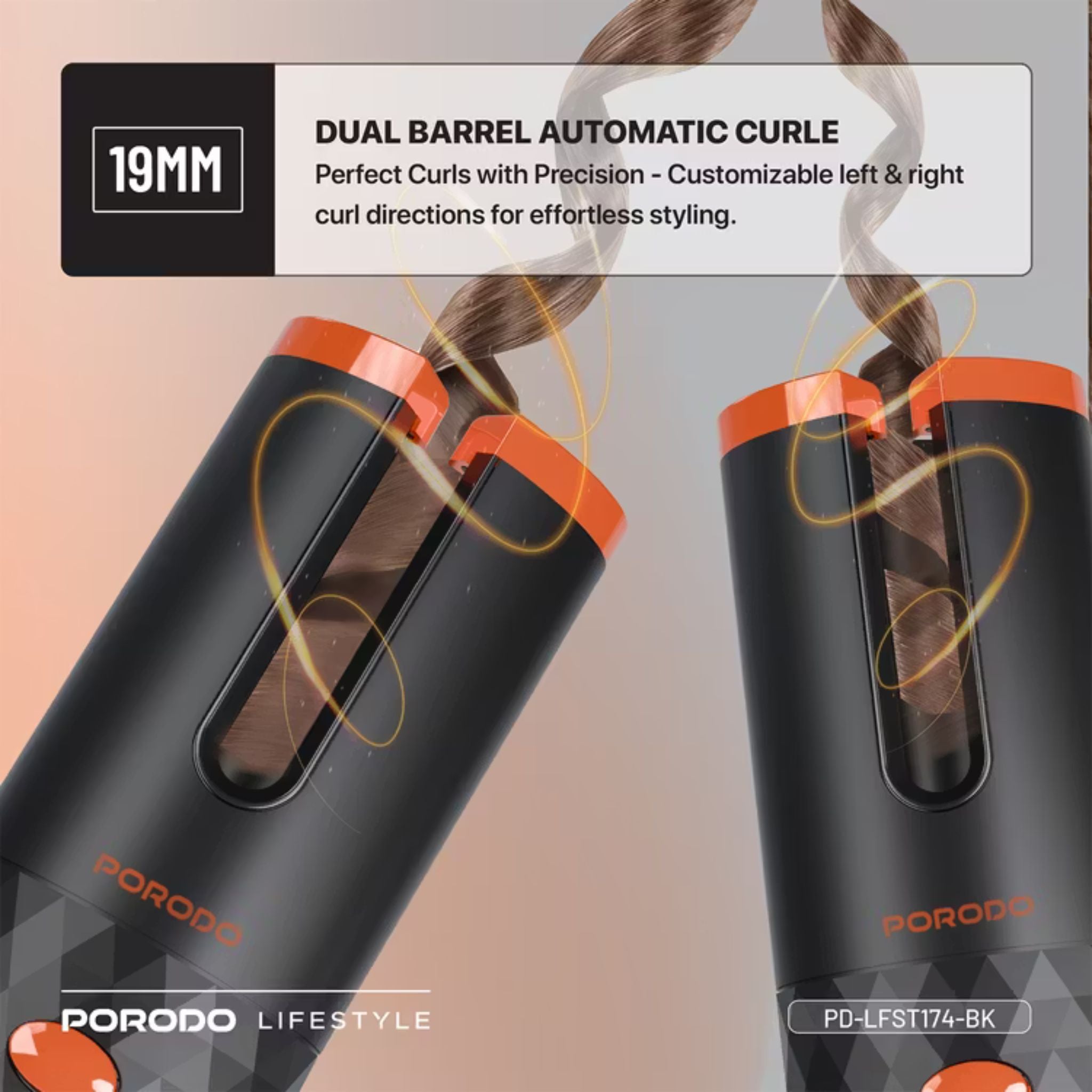 Porodo Automatic Hair Curler with Internal Dual Barrel, Effortless Automatic Curling, Cordless, 30 Minutes Working Time, Precise Heat and Timer Control, Standby Time 60 Minutes - Black