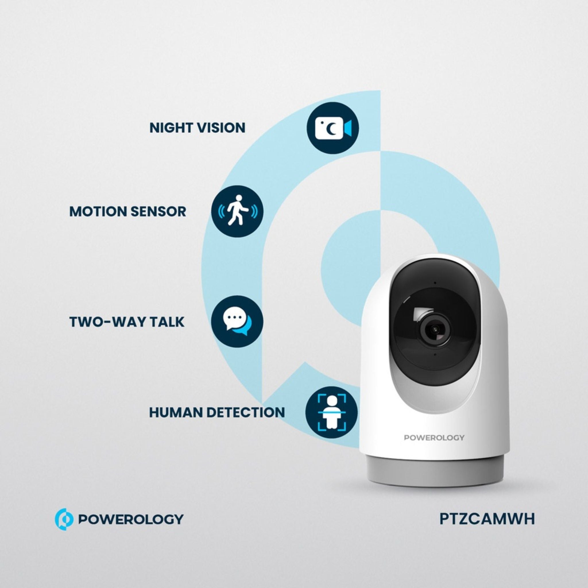 Powerology Indoor PTZ Smart Camera, 3MP 2304×1296 Resolution, Pan & Tilt Control, Human Detection, Motion Sensor, Two-Way Audio, Night Vision 8–10m, 2.4GHz Wi-Fi, TF Card Support up to 256GB, Android & iOS Compatible – White
