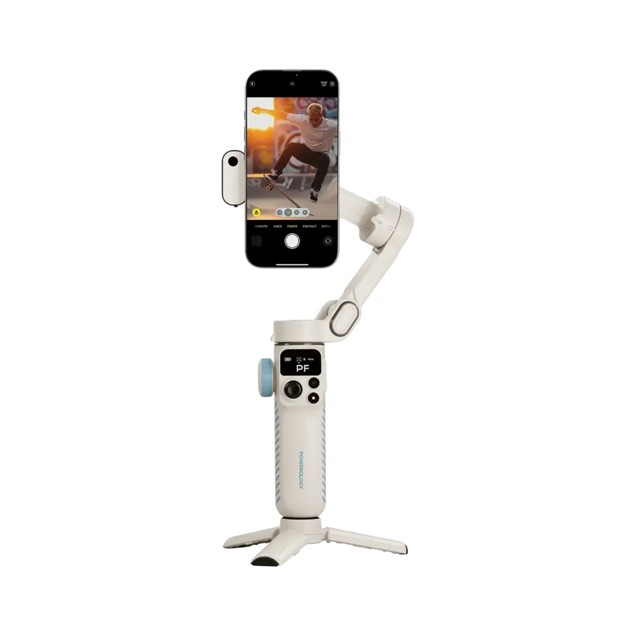 Powerology Magwave 3-Axis Magnetic SmartPhone Gimbal with Smart Gesture Control, MagSafe Snap-On or Adjustable Clamp, Built-in Extension Rod, Foldable & Ultra-Light Design, OLED Display, 5 Intuitive Hands-Free Commands, 6 Shooting Modes - White