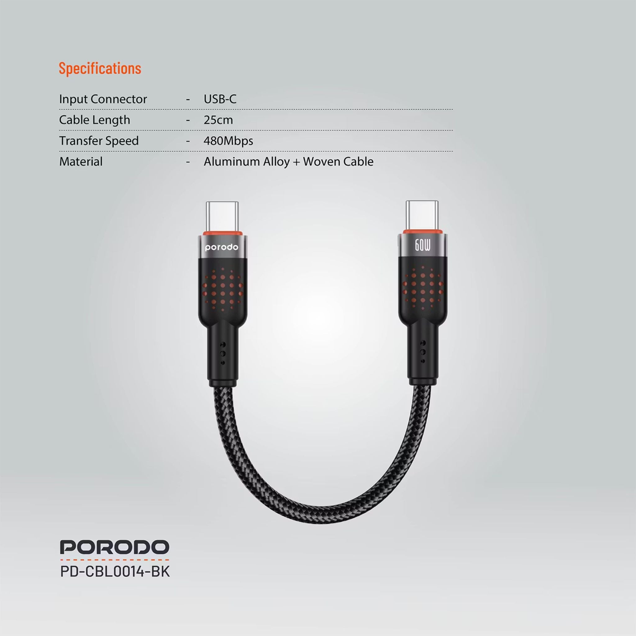 Porodo USB-C to USB-C Braided Cable with 60W Power Delivery, 480Mbps Transfer Speed, Braided & Tangle-Free Design, 15000+ Bends Lifespan, Fast Charge & Data Sync - Black