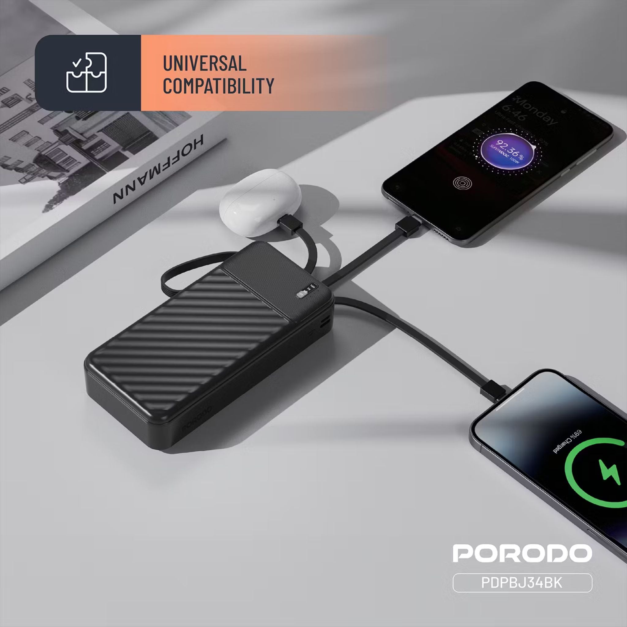 Porodo Piano 20000mAh Power Bank with Flashlight, Portable Handle, Phone Stand, 4 Integrated Cables, USB-A & USB-C & Micro Ports, Fast Charge Support, Universal Compatibility - Black