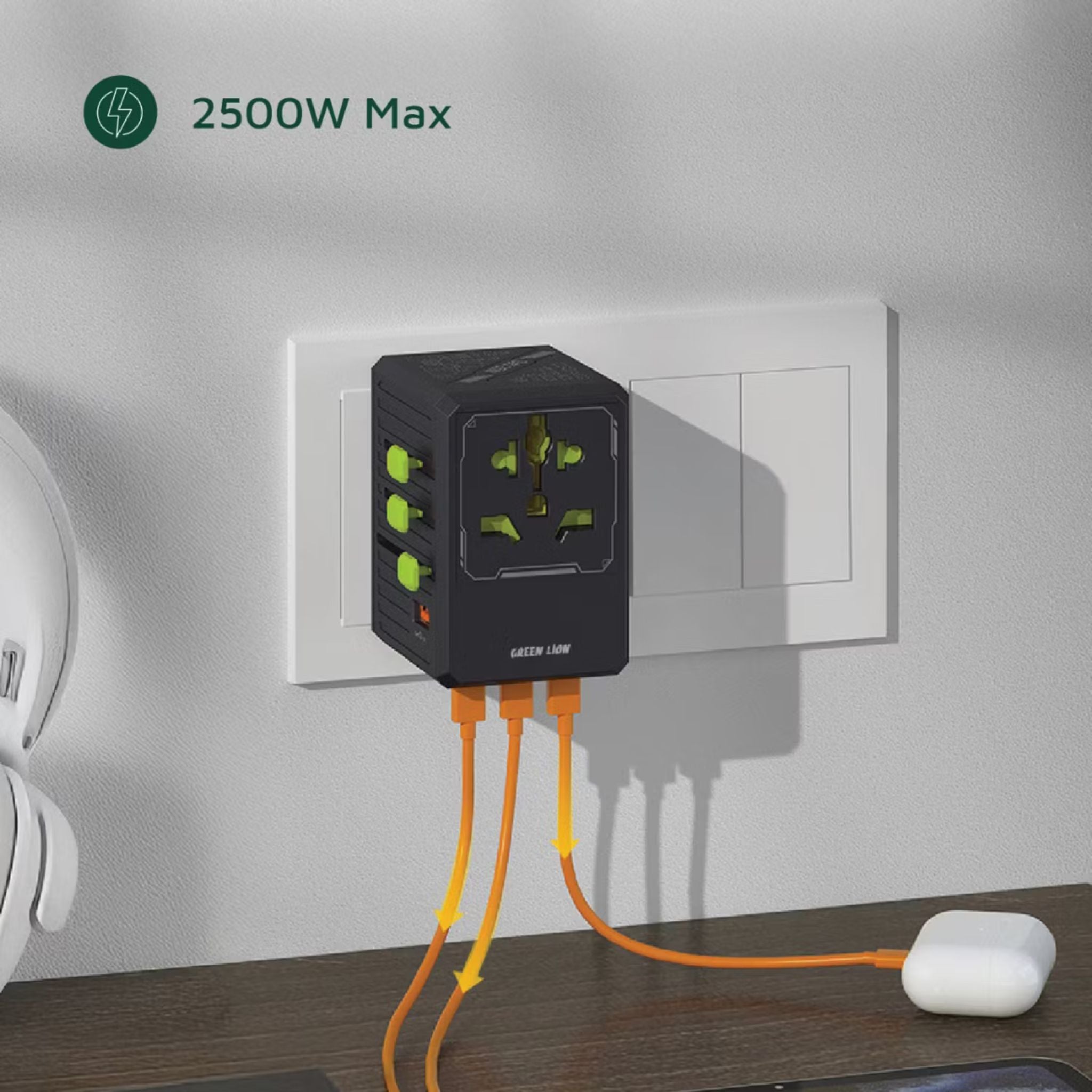 Green Lion GaN Adapter 6-in-1 & 2-in-2 Cable, PC Flame Retardant & Copper Material, PD 35W Fast Charging, Universal AC Sockets - Black