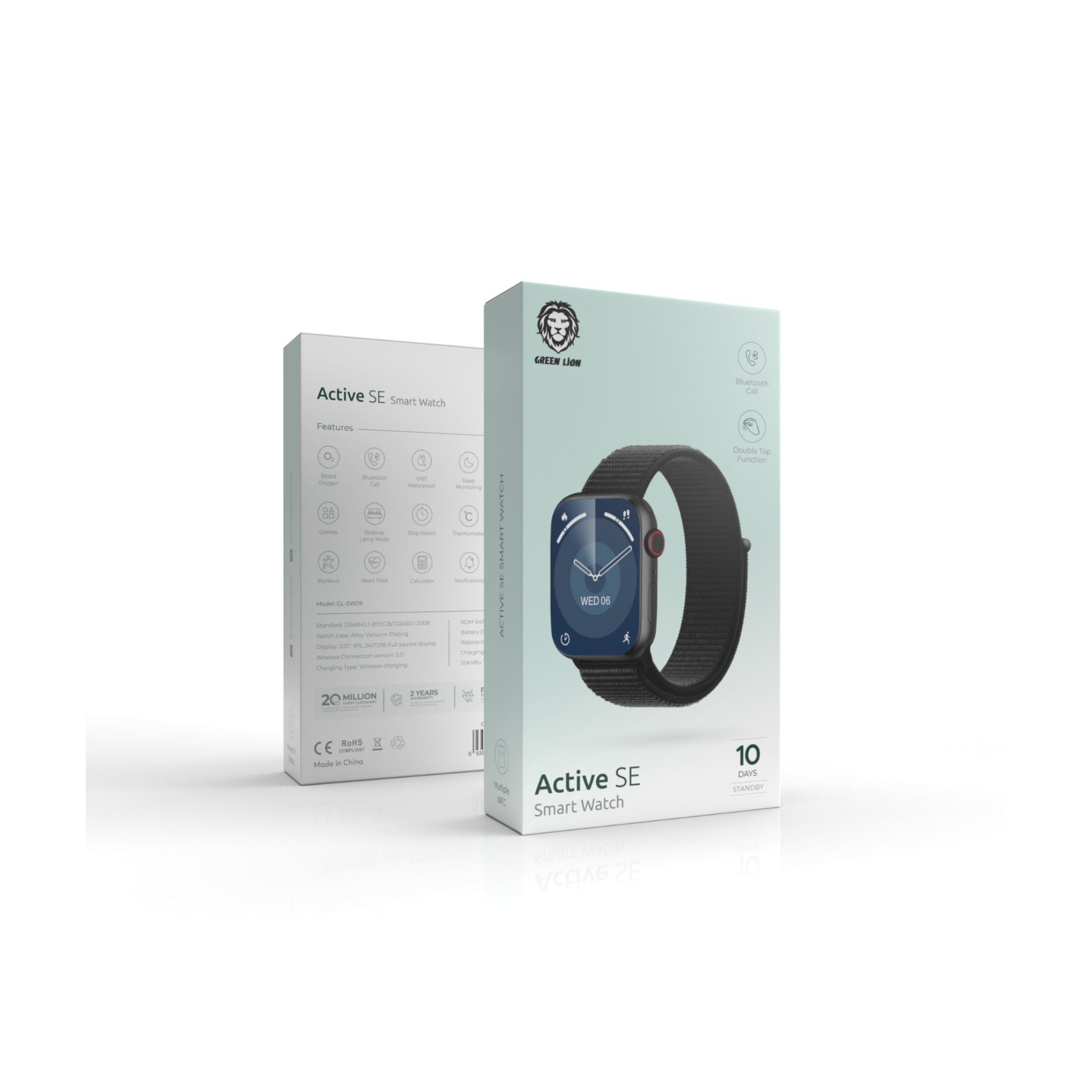 Green Lion Active SE Smart Watch with Full Square Display, 250mAh Battery, Multiple NFC, Waterproof, Bluetooth Call, Heart Rate Tracker, Wireless Charging, Bedside Lamp Mode - Black