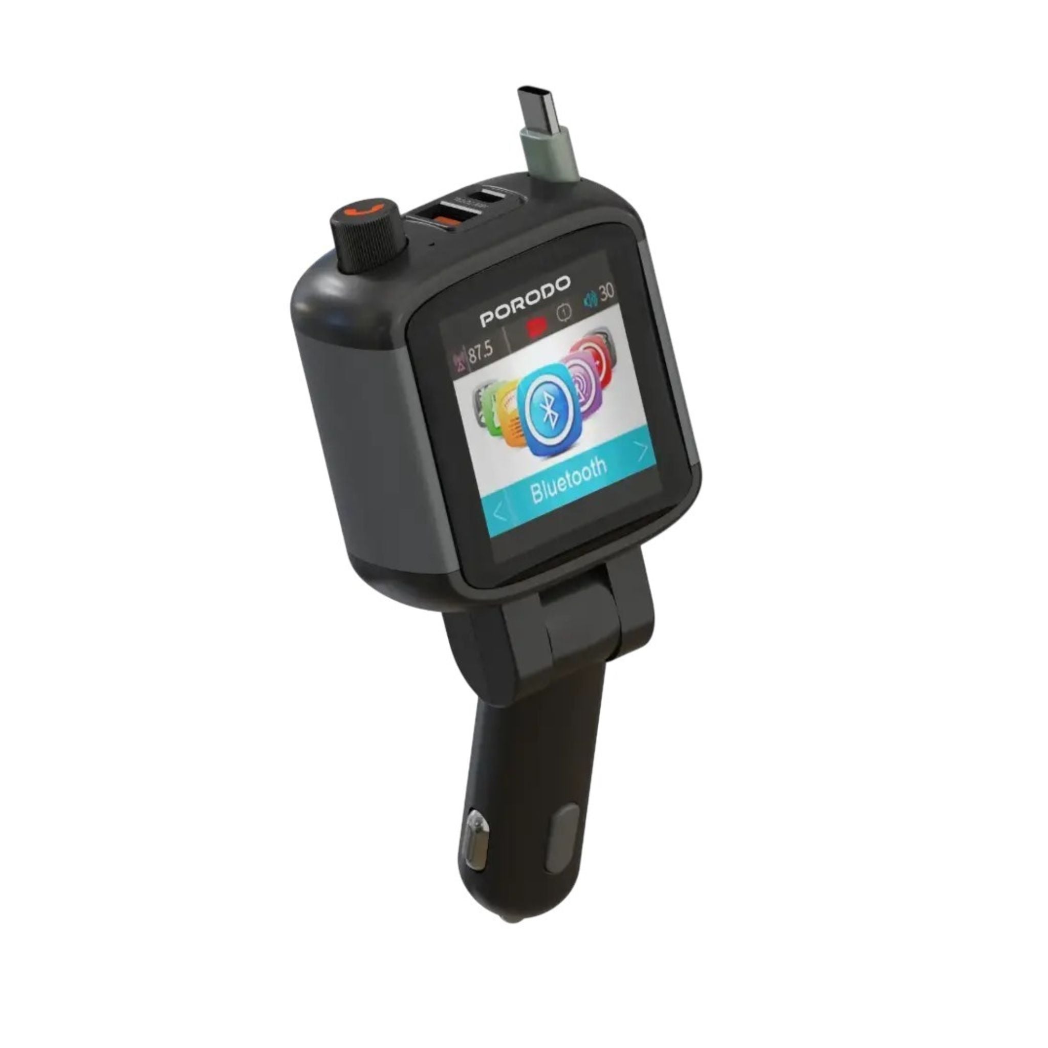 Porodo Voltrush Multi-Port USB Car Charger with TFT Display & Recractable Cable - Black