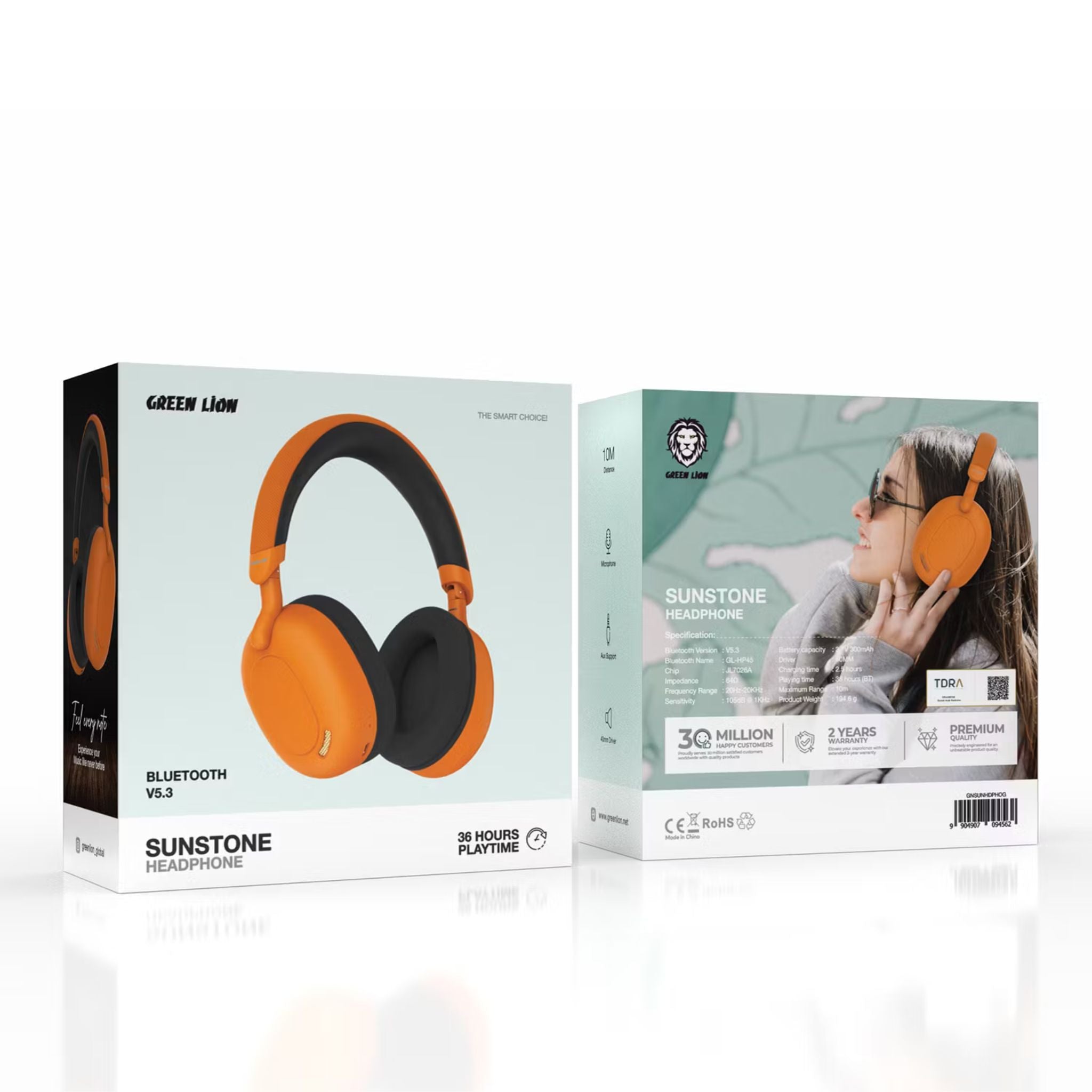 Green Lion Sunstone Wireless Headphones with 36 Hours Playtime, Bluetooth V5.3, 10m Maximum Distance Range, 300mAh Battery Capacity - Orange