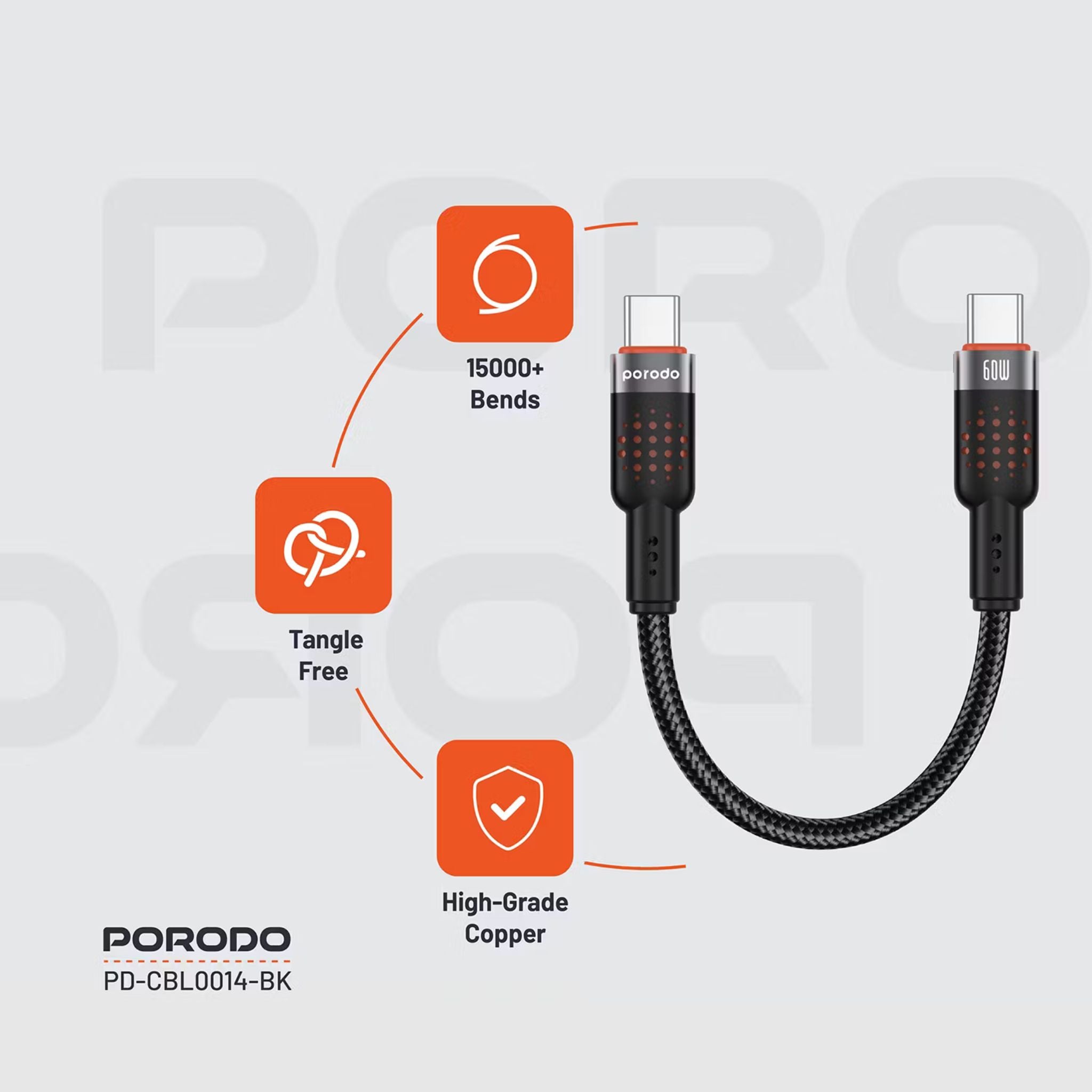 Porodo USB-C to USB-C Braided Cable with 60W Power Delivery, 480Mbps Transfer Speed, Braided & Tangle-Free Design, 15000+ Bends Lifespan, Fast Charge & Data Sync - Black