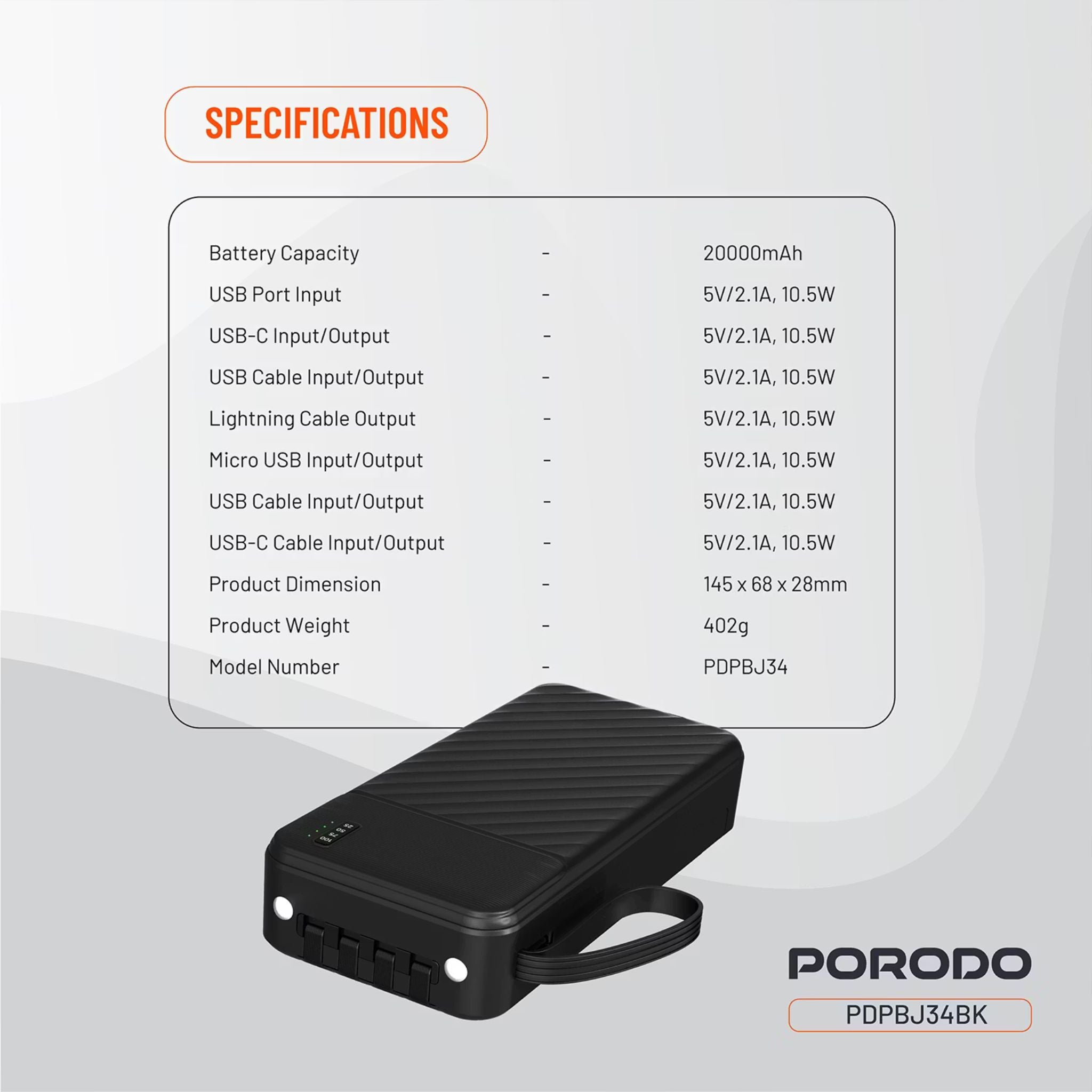 Porodo Piano 20000mAh Power Bank with Flashlight, Portable Handle, Phone Stand, 4 Integrated Cables, USB-A & USB-C & Micro Ports, Fast Charge Support, Universal Compatibility - Black