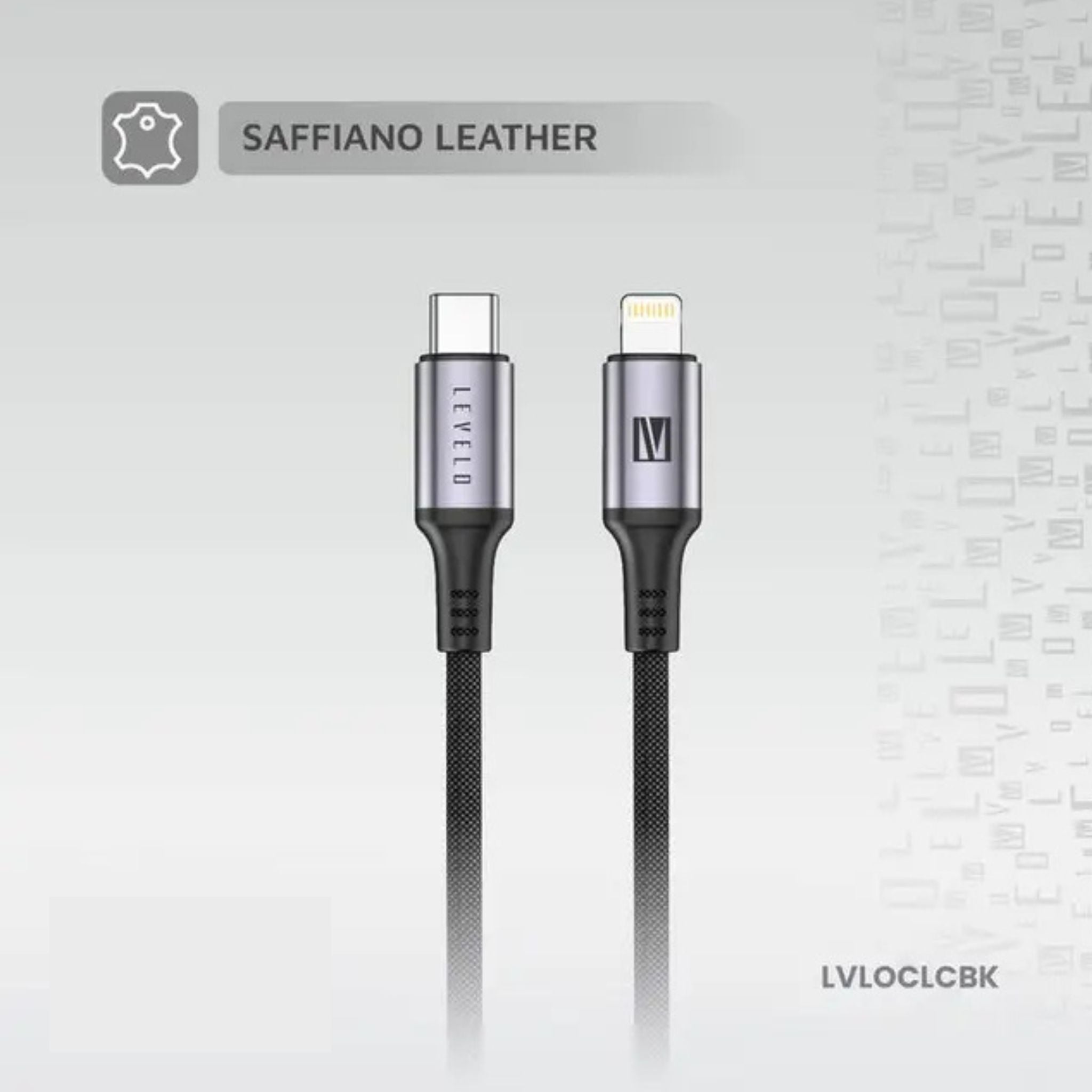 Levelo Otto USB-C to Lightning 30W Leather Cable, Tangle-Free, Fast Charging, Heat Resistant, 1.2m Cable Length - Black