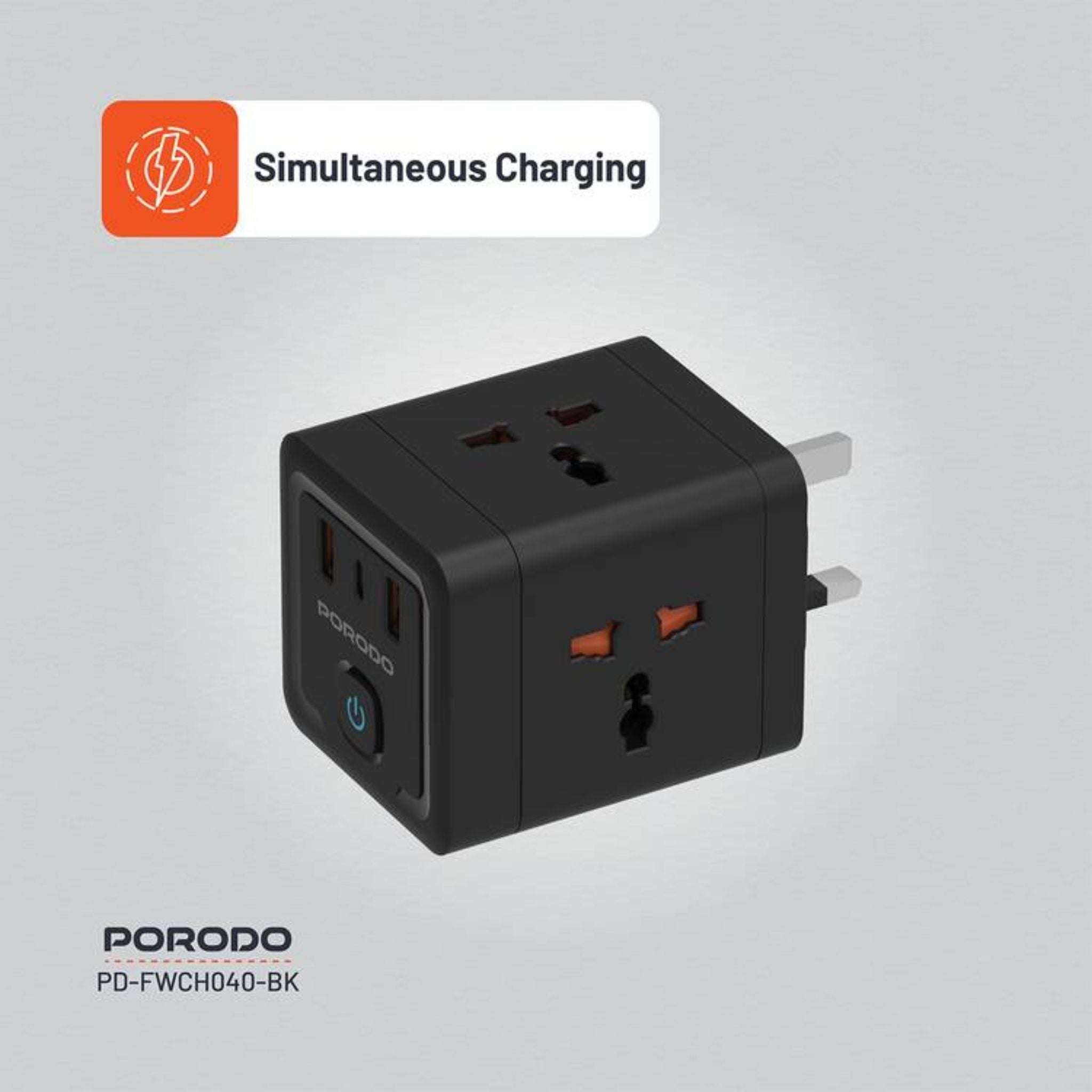 Porodo 4-AC Universal Power Block Adapter with USB-C & Dual USB-A Ports, Fast Charge, 20W Power Delivery, Built-in Safeguards, Simultaneous Charging, 2500W Rated Power - Black