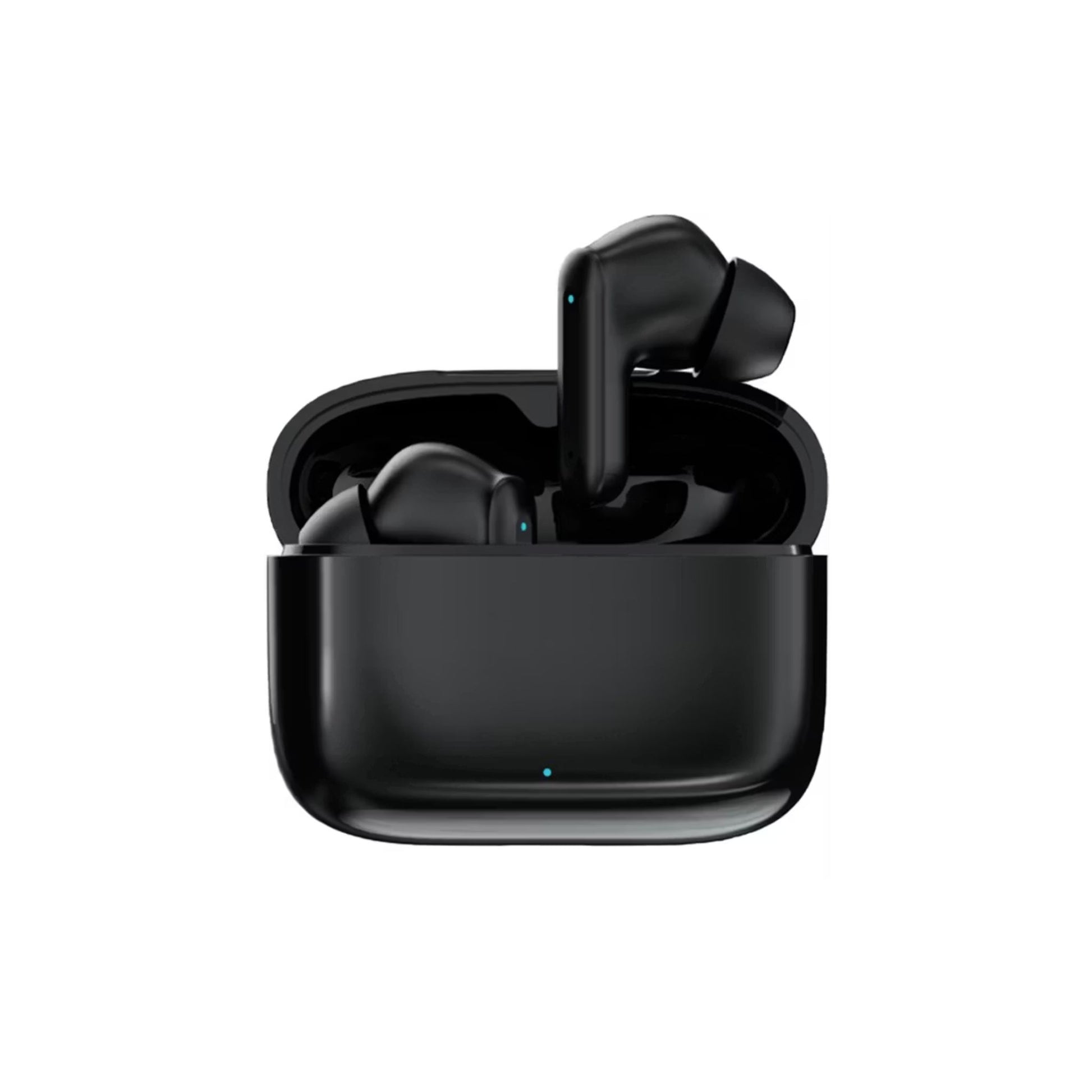Black wireless earbuds in an open charging case on a white background