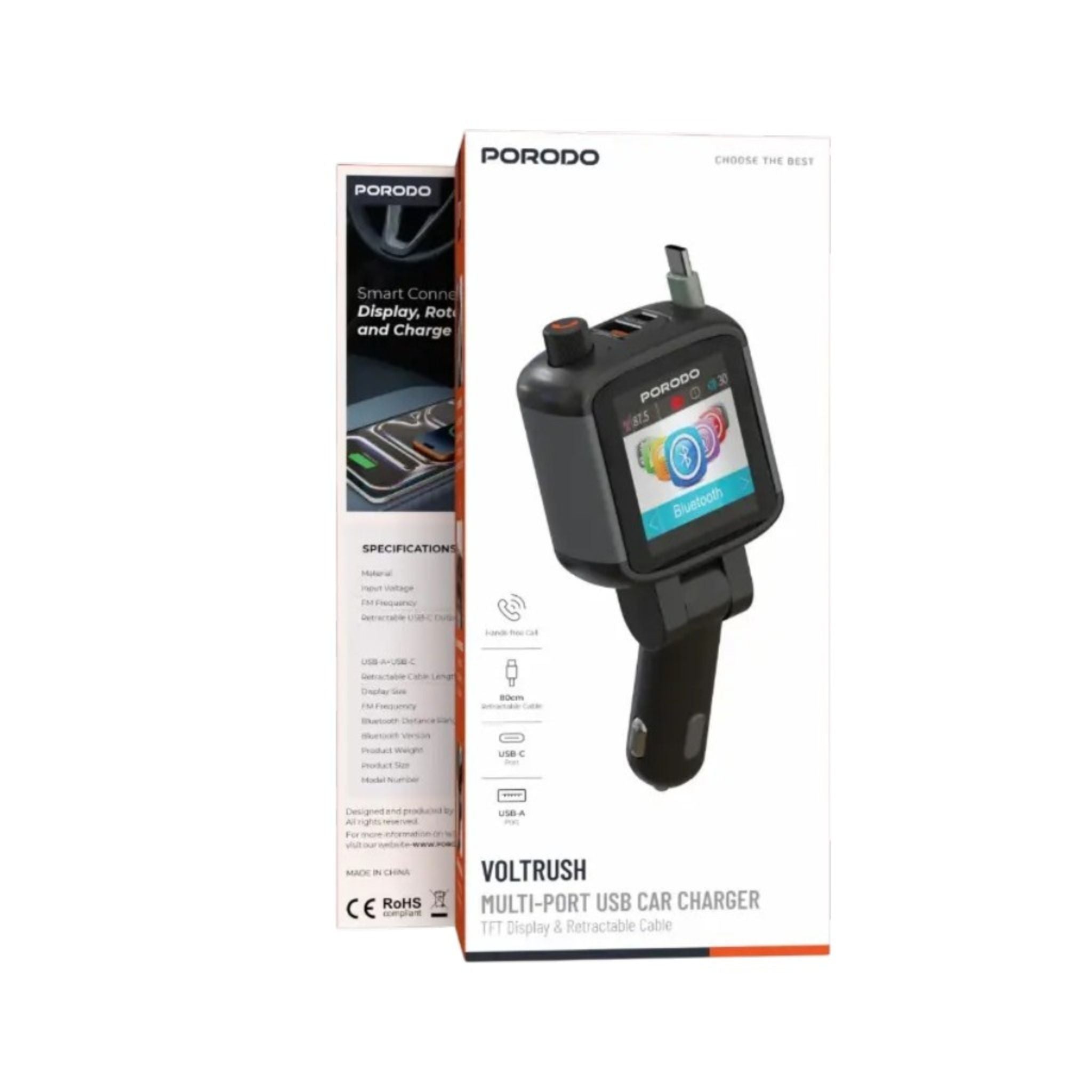 Porodo Voltrush Multi-Port USB Car Charger with TFT Display & Recractable Cable - Black