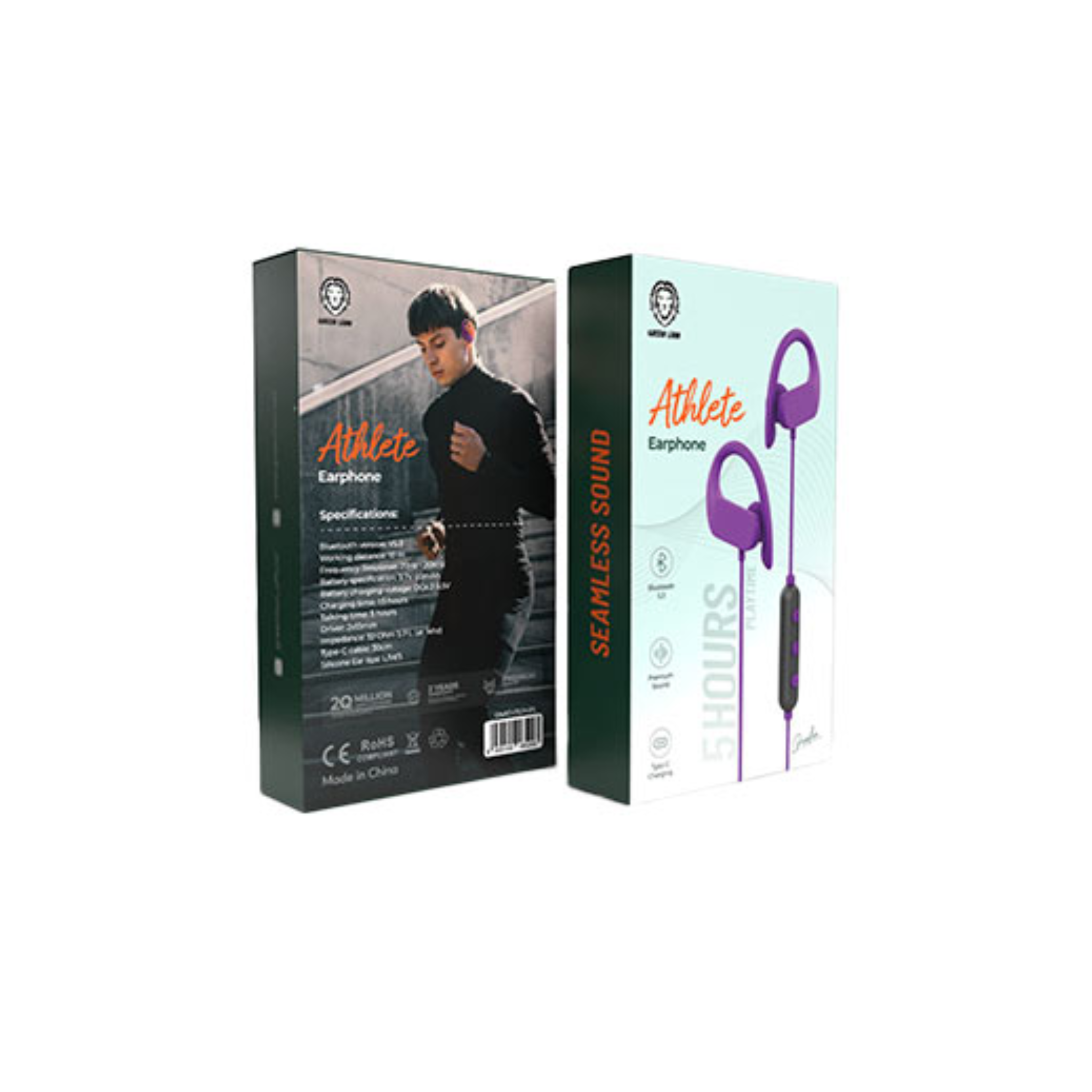 Green Lion Athlete Earphones with Premium Sound, 3 Sizes Silicone Ear Tips, Premium Sound, 10m Working Distance, 1.5 Hours Charging Time, 5 Hours Talking Time, 13mm Driver Size, Lightweight Design - Purple