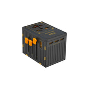 A black Porodo GaN technology universal travel charger with dual fuse, featuring multiple USB-C and USB-A ports, and supports various plug types including UK, EU, US, and AU.
