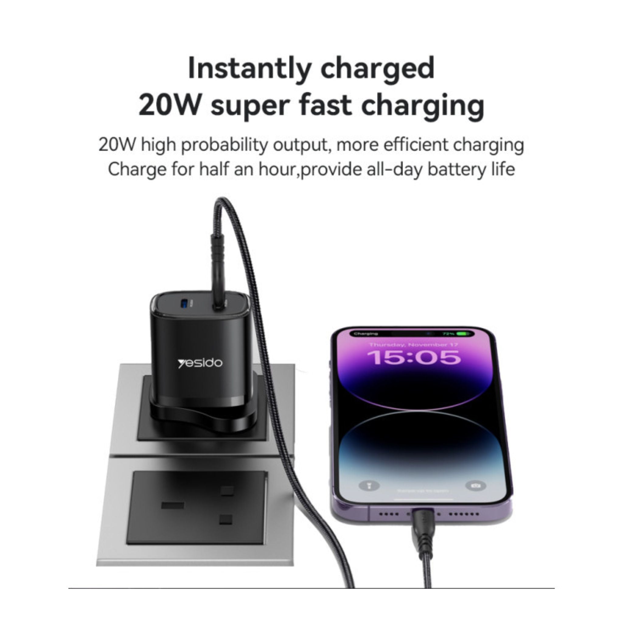 Yesido YC53 20W PD Fast Charging Home Charger | Type-C and Type-C and Lightning Port Charger Adapter