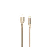 Gold USB cable with one end for charging and one for data transfer on a white background