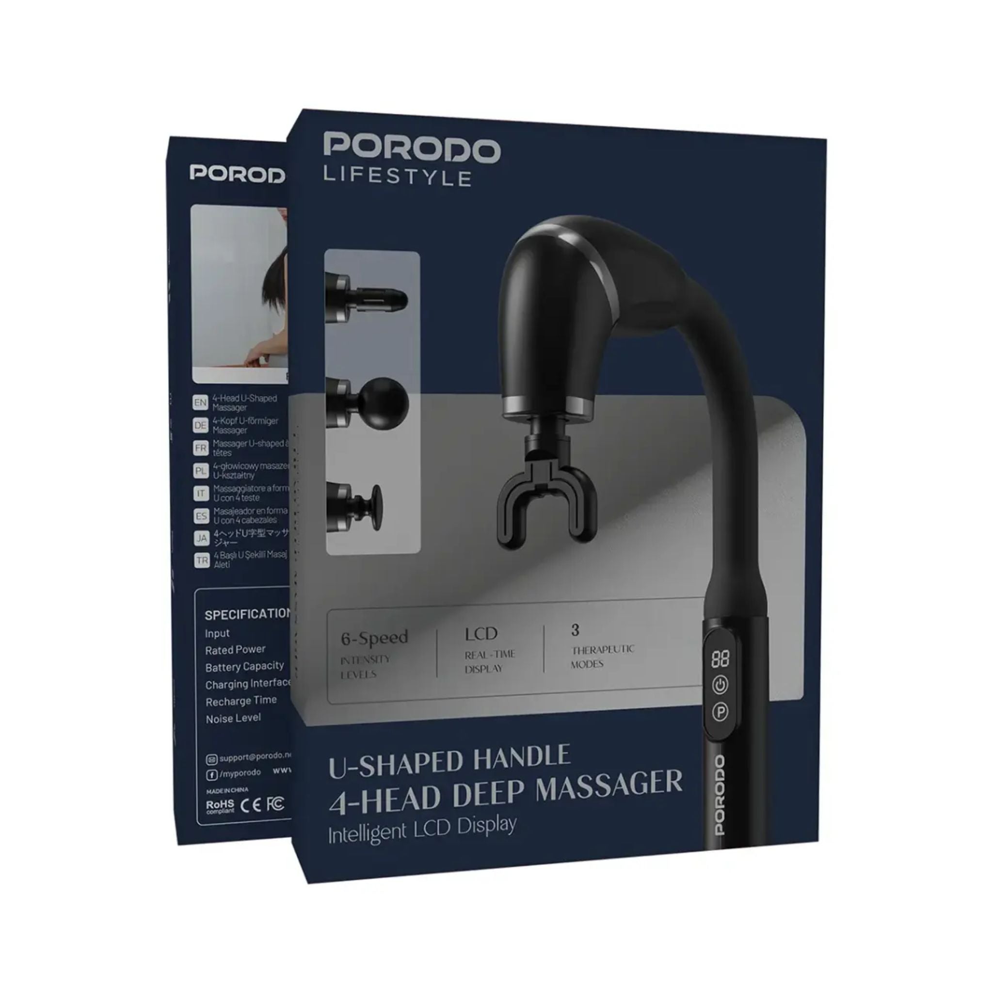 Porodo Lifestyle U-Shaped 4-Head Deep Tissue Massager with 6 Speed Levels, 3 Modes, LCD Display, USB-C Charging, 2000mAh Battery, Ultra-Quiet Ergonomic Design - Black