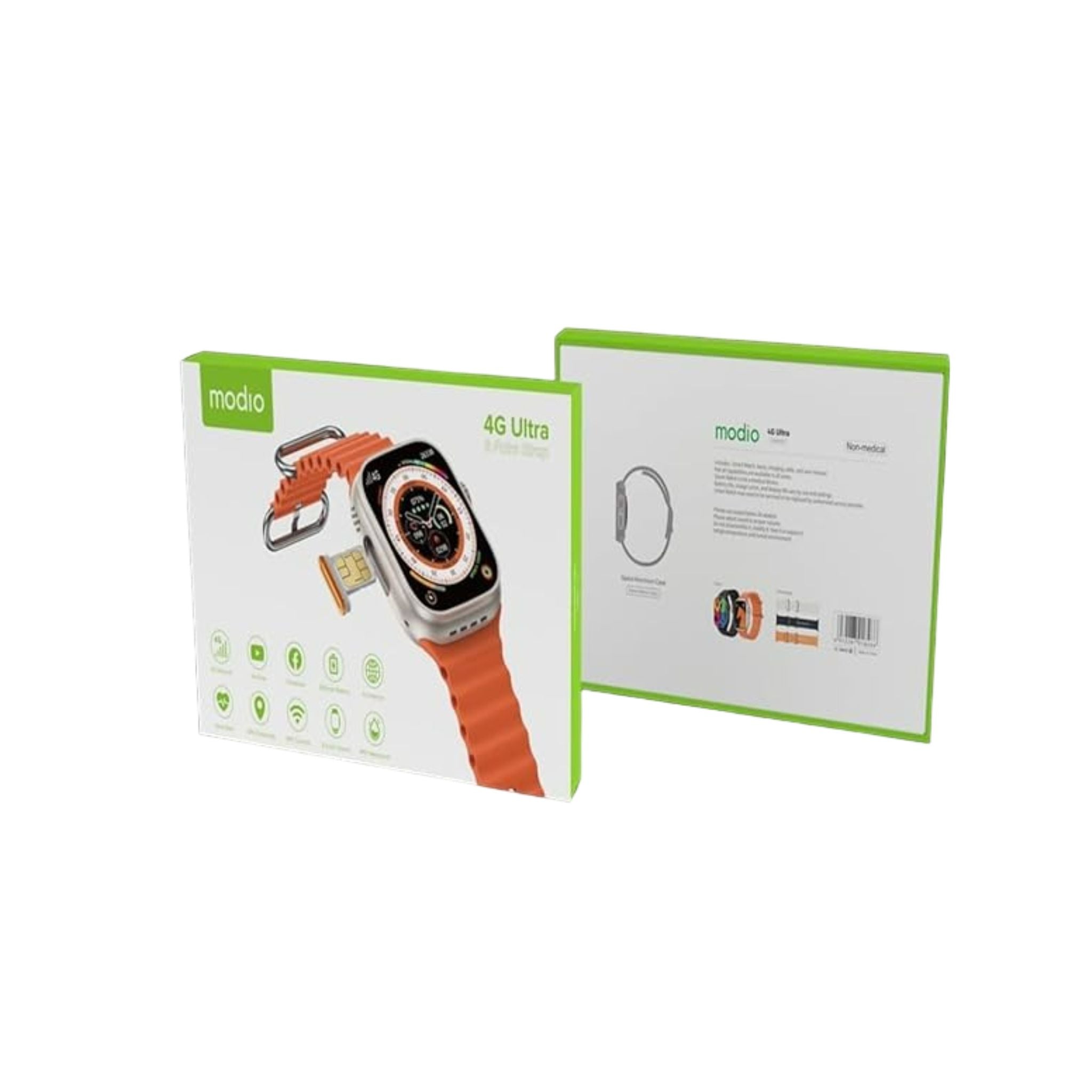 Modio 4G Ultra  Smart Watch With 2.2 Inch HD Screen,Sim Card Slot and 3 Pair Straps For Ladies and Gents Black