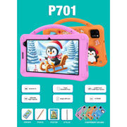 Children's tablet with pink case and penguin on screen, on a teal background with product details.