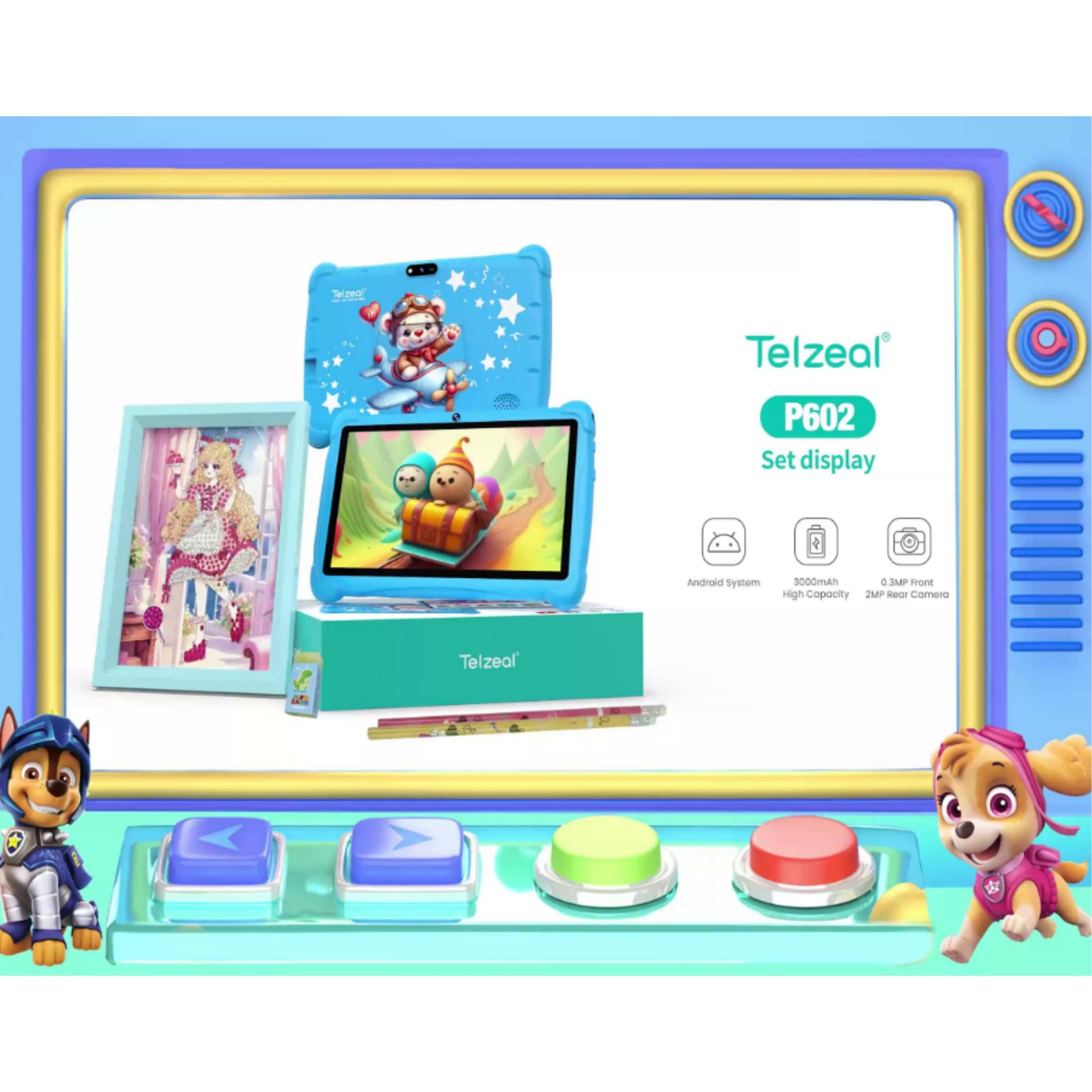 Telzeal P602 Kids Android Tablet – 7" HD Display, 4GB RAM, 128GB Storage, Wi-Fi, Dual Cameras, 3000mAh Battery, with Stylus, Screen Protector & Case – Green