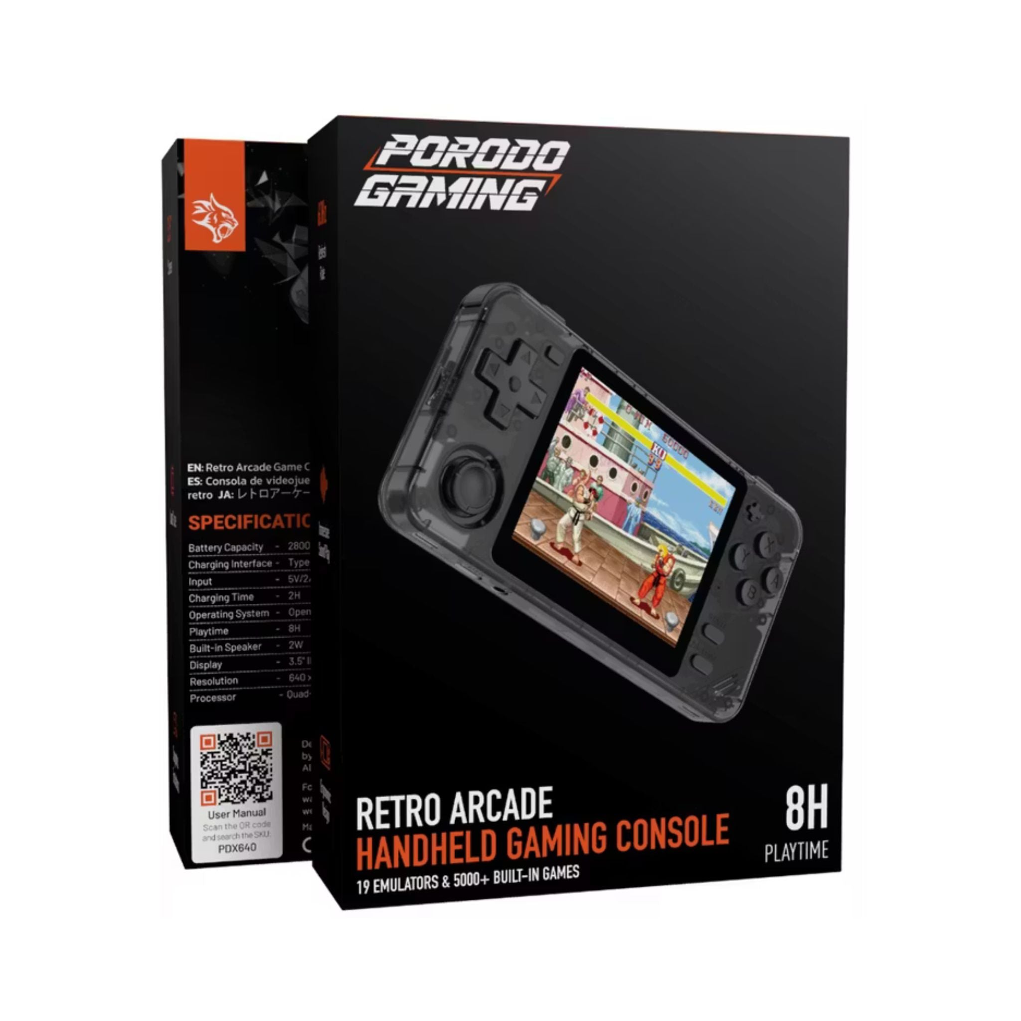 Porodo Gaming PDX640 Retro Arcade Game Console with 19 Emulators & 5000+ Built-in Games, 3.5" Screen Size, 60Hz Refresh Rate, Up to 8 Hours Playtime, Immersive Sound Play, Ergonomic Design, 2800mAh Battery Capacity - Gray