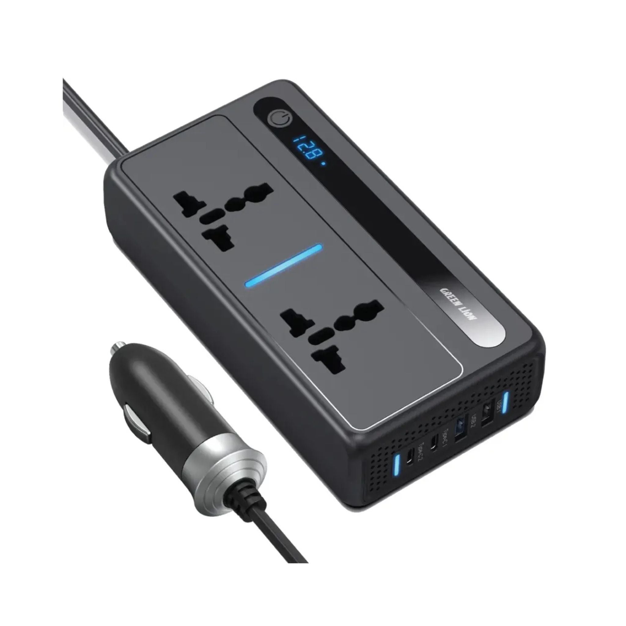 A black Green Lion GC-250 car inverter with multiple outlets, including universal sockets and USB ports, with a power cord and built-in cooling fan. An LED display shows power status.