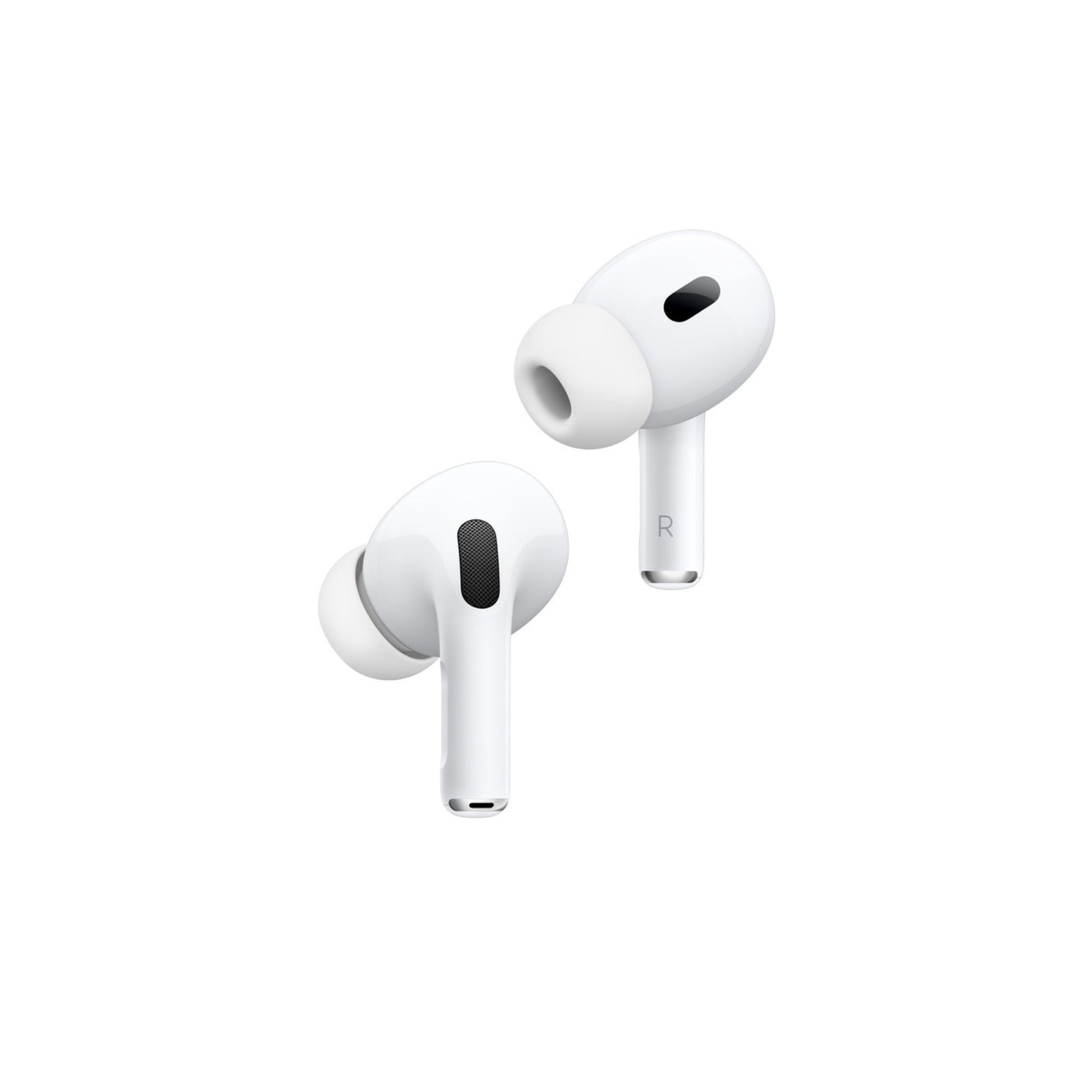 A pair of white AirPods Pro (2nd generation) with MagSafe Charging Case.