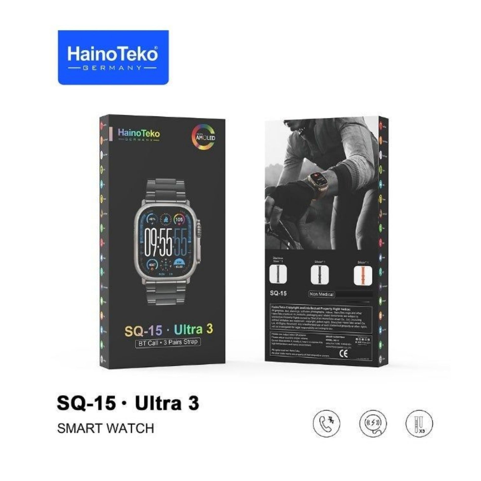 HainoTeko smart watch packaging with front and back views on a white background