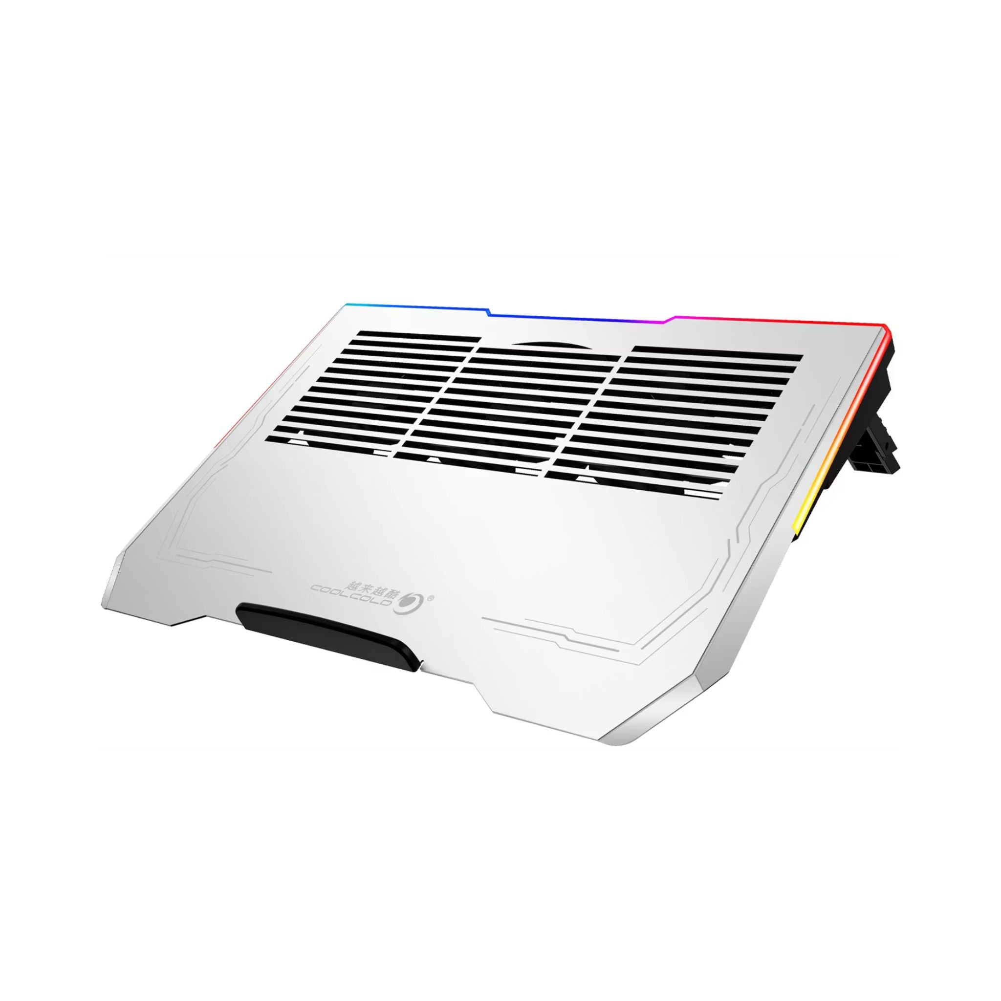 Cooler laptop stand with RGB lighting on a white background