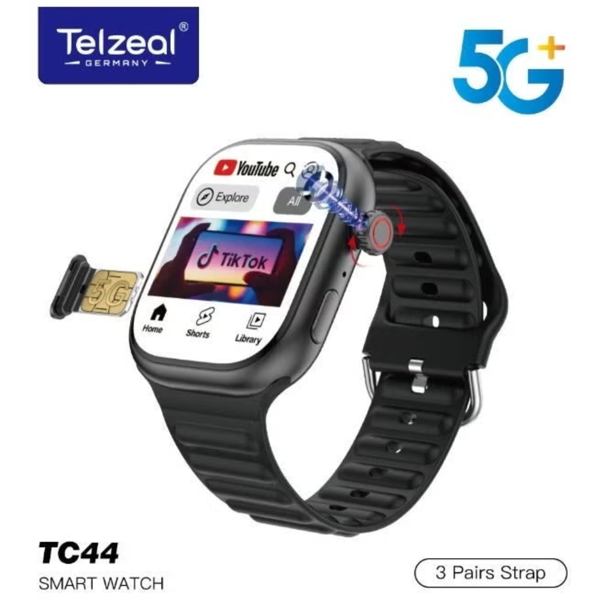 TC44 5G Smart Watch with SIM Support HD Camera & Full Touch Display - Black