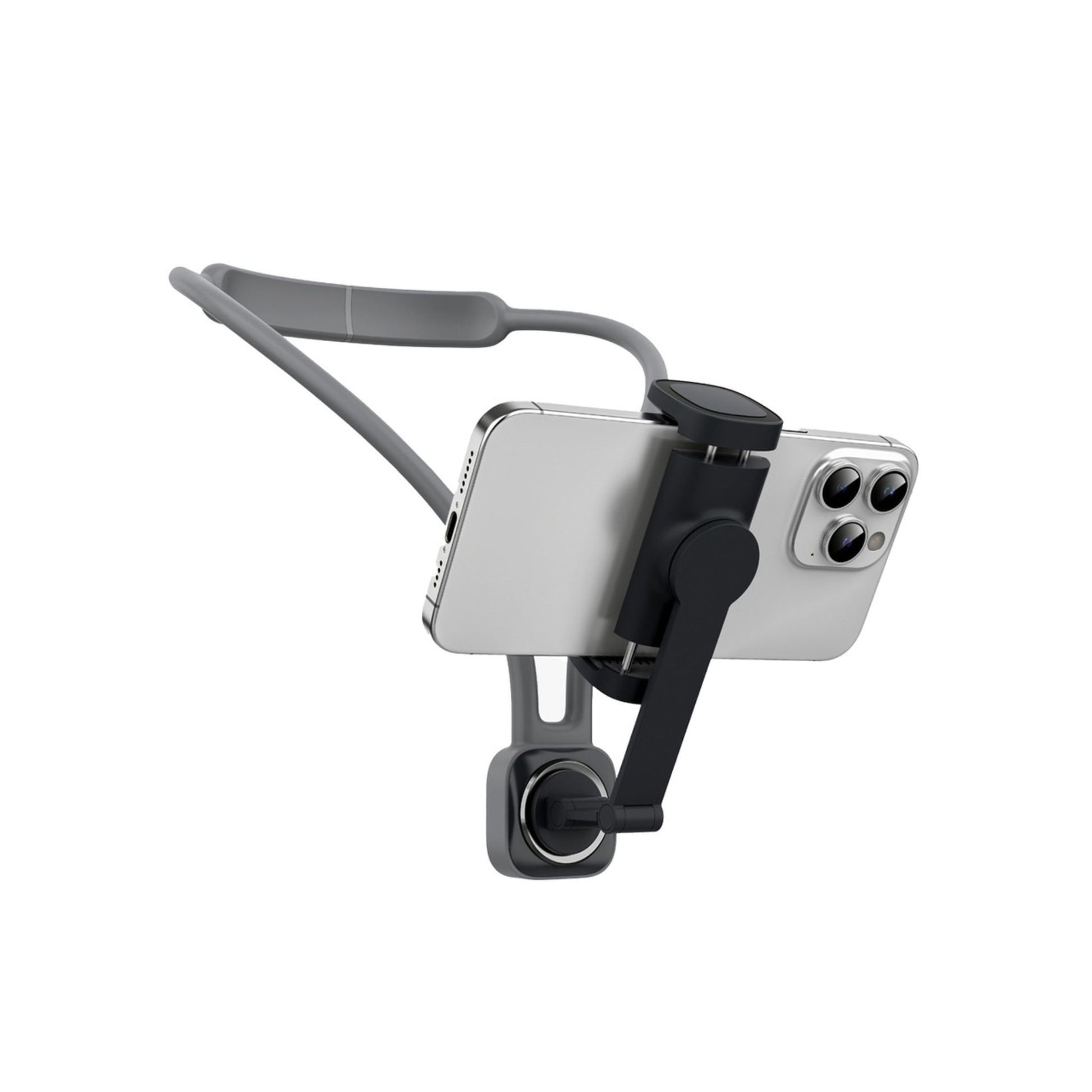 A black Porodo smartphone neck strap mount with a U-shaped design and a magnetic lock latch, displayed in a separated view from a smartphone.