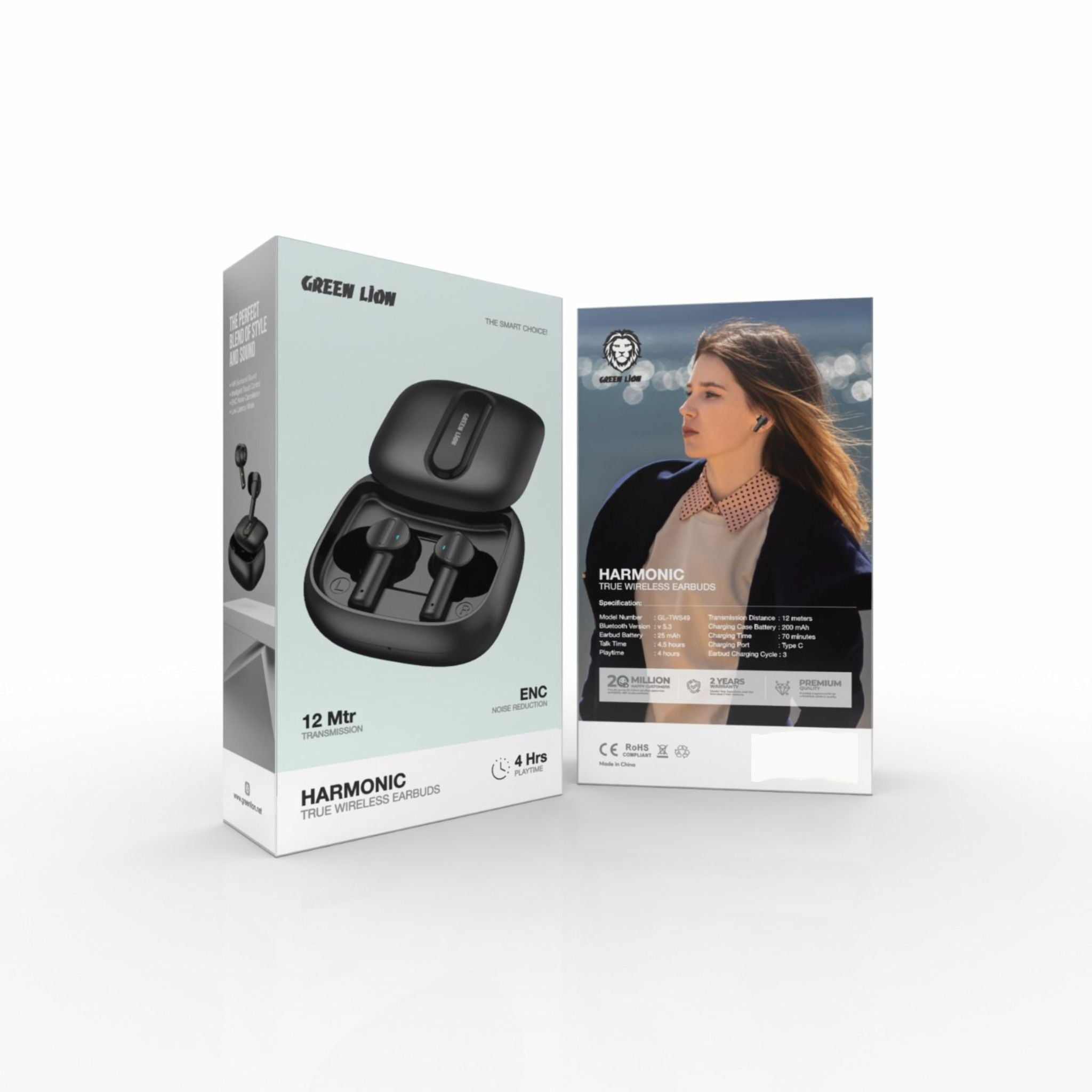 Green Lion Harmonic True Wireless Earbuds with IPX4 Water Resistance, Bluetooth Version 5.3, Multi-Function Touch, 4.5 Hours Talking Time, 4 Hours Playtime, ENC Noise Reduction - Black