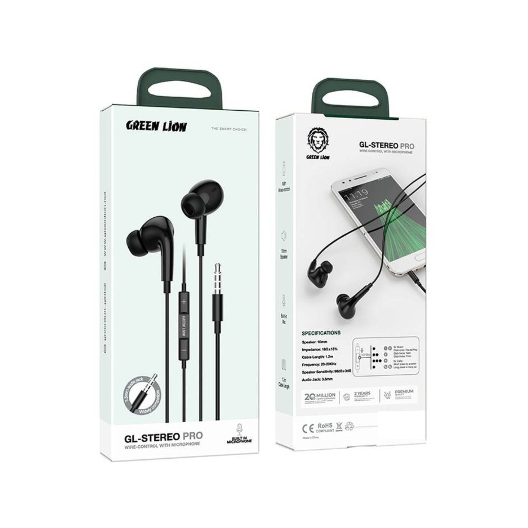 Green Lion GL-Stereo Pro Wire Control Headphones with Built-in Microphone, 1.2m Cable Length, 3.5mm Audio Jack, Widely Compatible - Black