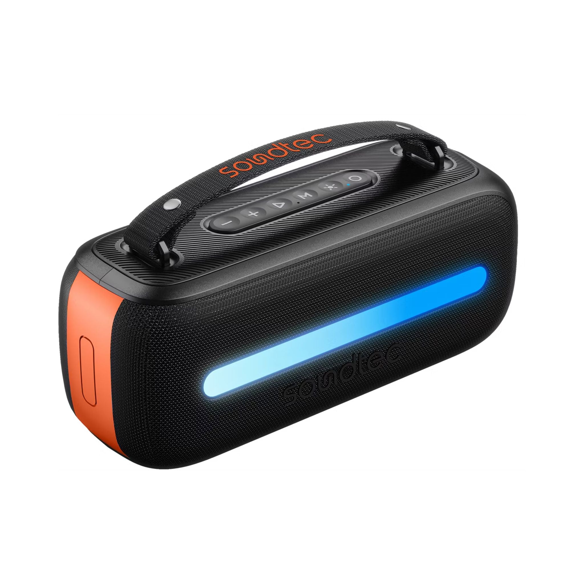 Black and orange portable speaker with visible brand logo on a white background