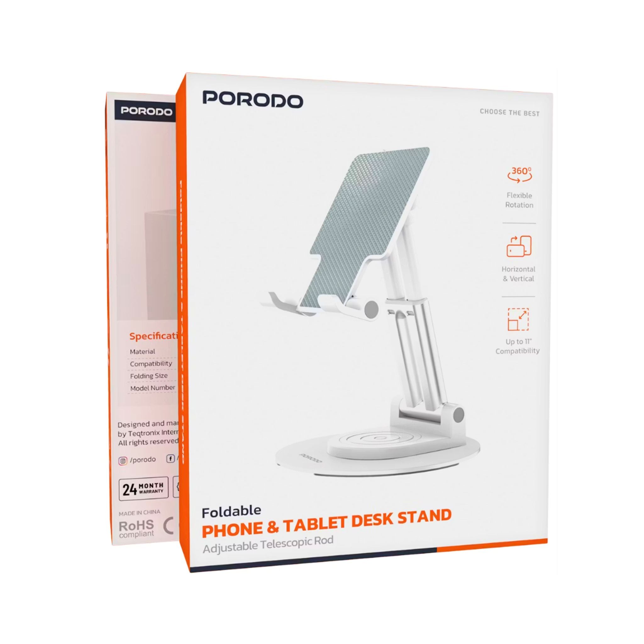 Porodo Foldable Phone & Tablet Desk Stand with Adjustable Telescopic Rod, Compatible with 4-11"Devices, Dual-Axis Stability, ABS & Silicone Material, 360° Flexible Rotation, Horizontal & Vertical Viewing - White