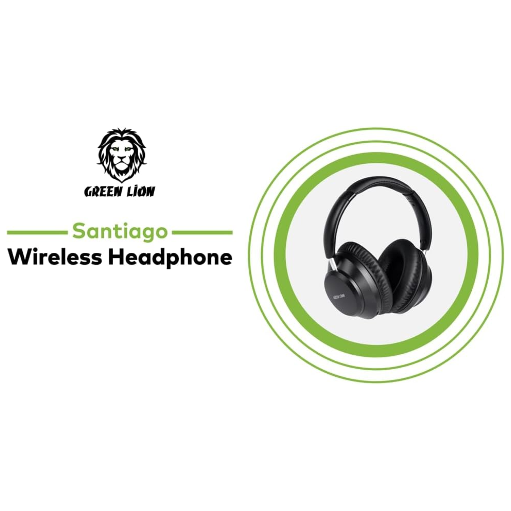 Green Lion Santiago Wireless Headphones, Active Noise Cancellation, 10m Working Distance, 2.5hrs Charging Time, 24hrs Play time, 5.3 Bluetooth, Aux - Black