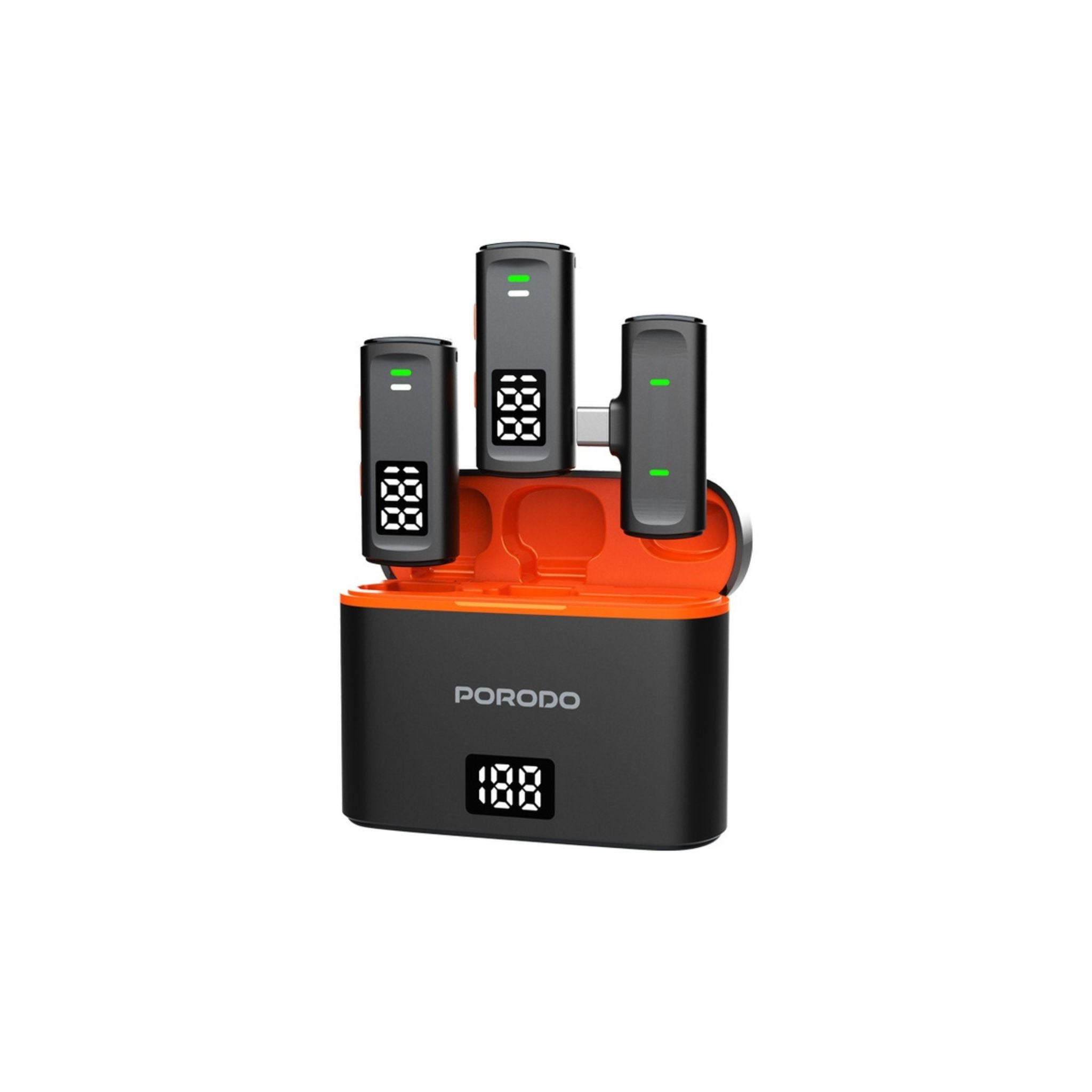 Porodo wireless collar double microphone with charging case and lightning adapter, predominantly black with orange accents.