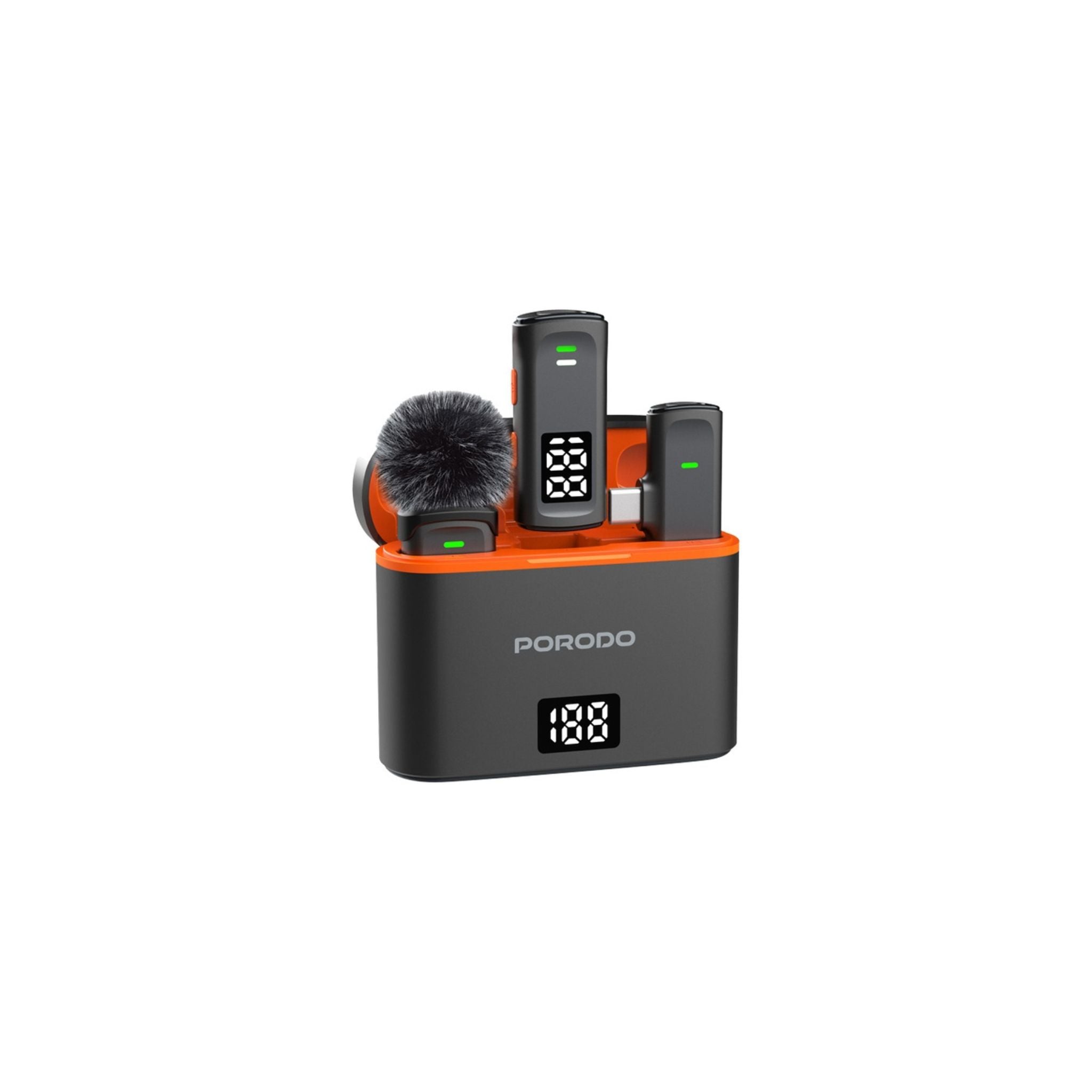 Porodo Wireless Collar Double Mic with Charging Case. Up to 24H use, 20ms low latency, 2.4GHz digital signal, 600mAh case, Type-C & Lightning adapter, digital display, crystal-clear sound, and plug & play. Perfect for content creators- Black