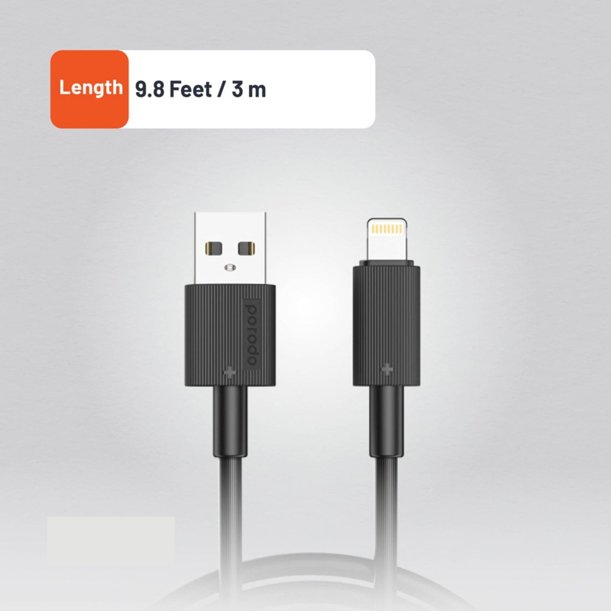 Porodo USB-A to Lightning Durable Charging Cable with 3m Length, PVC Material, Fast Charge & Data Sync, 15000+ Bends Lifespan, 480Mbps Data Transfer Speed, Tangle-Free Design - Black