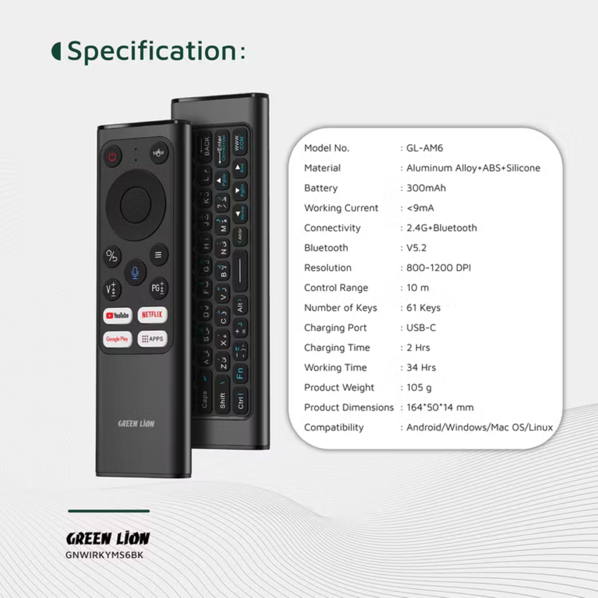 Green Lion Wireless Remote Pro with Keyboard and Mouse, 2.4G + Bluetooth Connectivity, 1200 DPI Resolution, Type-C Charging Port, Voice Assistant, 61 Keyboard Keys, 300mAh battery Capacity, Mini Keyboard – Black