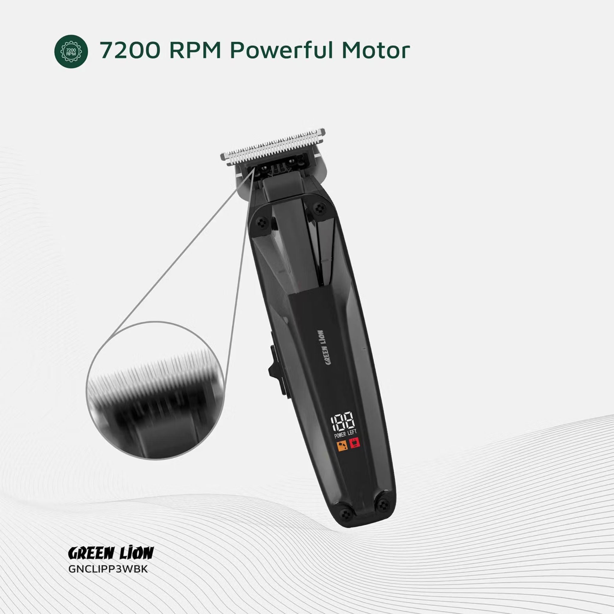 Green Lion Clip Master Professional Hair Clipper with LED Display & On/Off Switch, 3 Hours Working Time, Corded & Cordless Functionality, 7200RPM Power, Stainless Steel Blade, 1200mAh Battery Capacity, Includes 1.5, 3, 4.5mm Comb Sizes - Black
