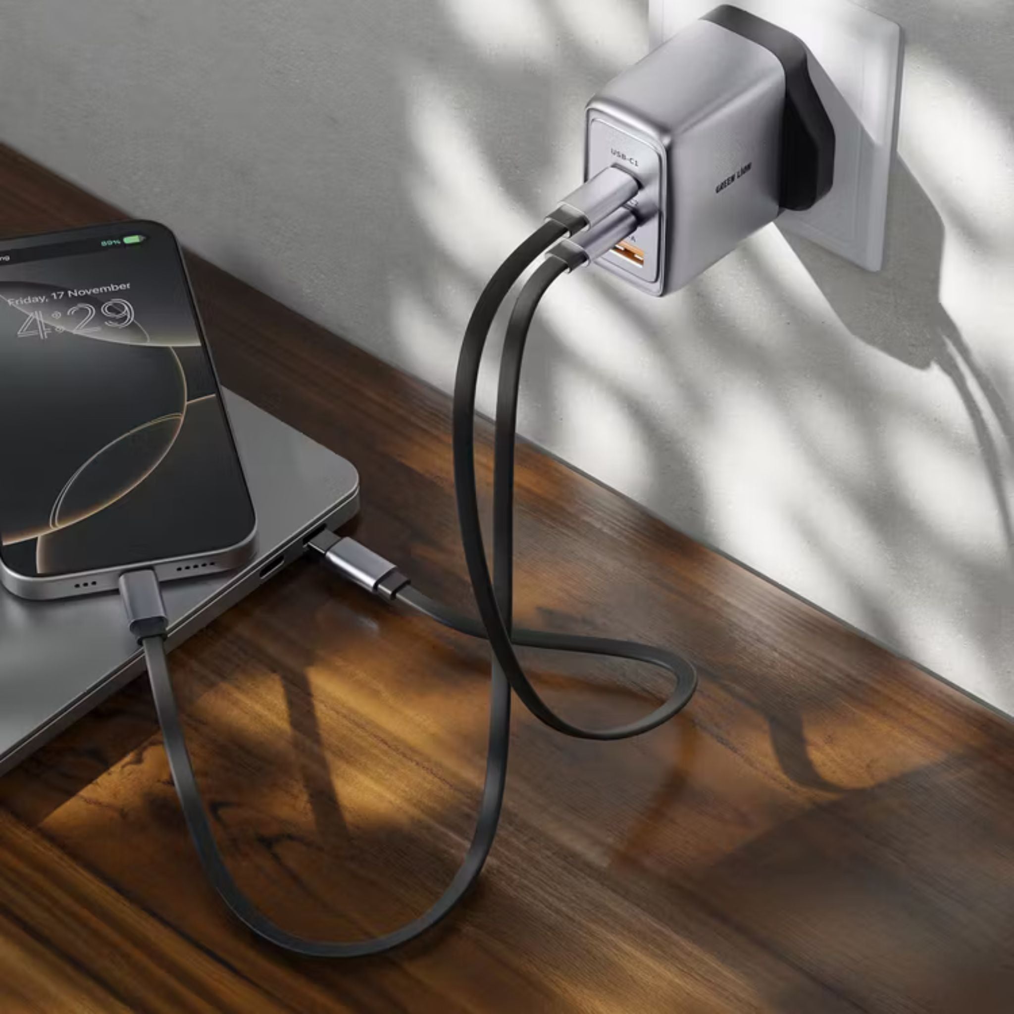 Green Lion GaN UK Plug Wall Charger with 65W Power Delivery, 0%-50% Charge in 30 Minutes, PC Flame Retardant Material, Multiple Protection, Dual USB-C & USB-A Ports - Gray