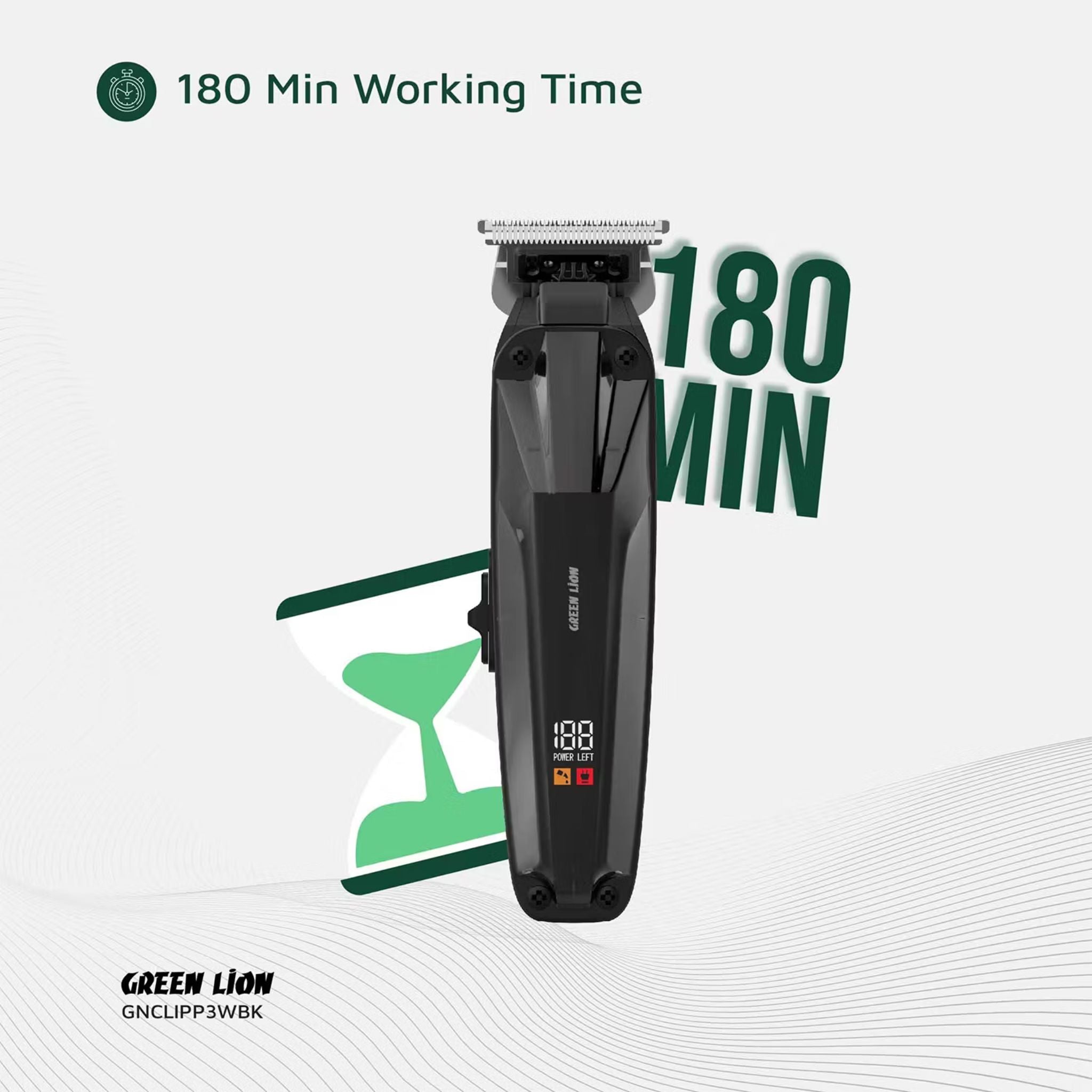 Green Lion Clip Master Professional Hair Clipper with LED Display & On/Off Switch, 3 Hours Working Time, Corded & Cordless Functionality, 7200RPM Power, Stainless Steel Blade, 1200mAh Battery Capacity, Includes 1.5, 3, 4.5mm Comb Sizes - Black